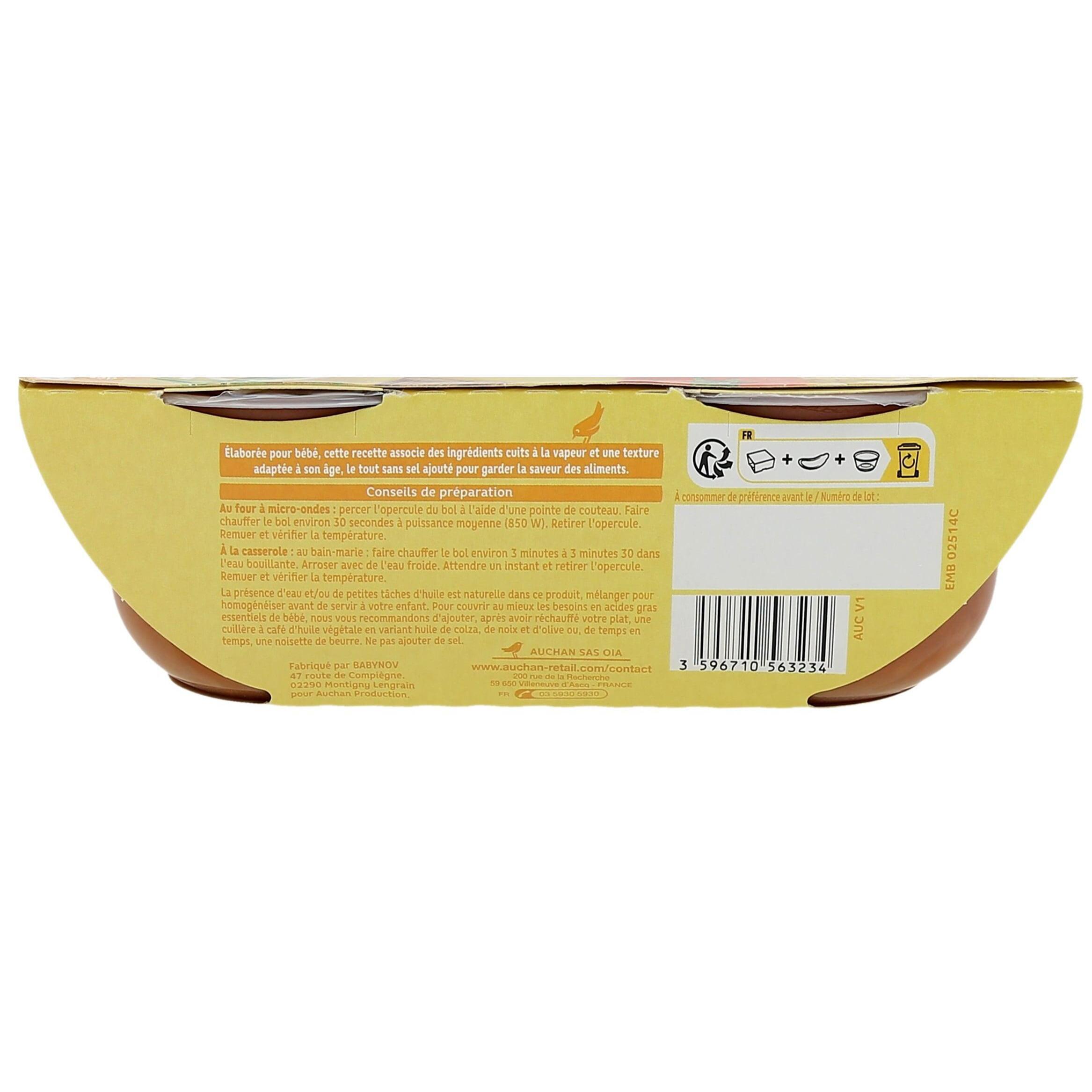 Voir la diapositive 3 : AUCHAN Bol pâtes tomates boeuf dès 8 mois 2x200g