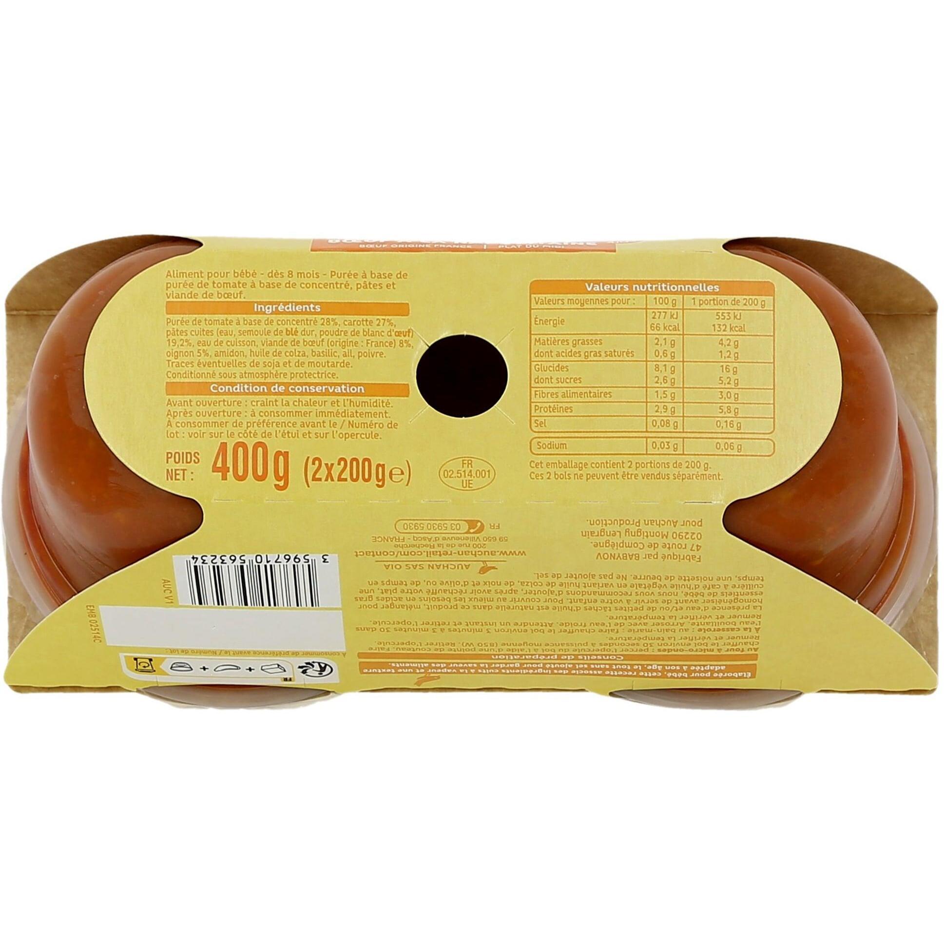 Voir la diapositive 4 : AUCHAN Bol pâtes tomates boeuf dès 8 mois 2x200g