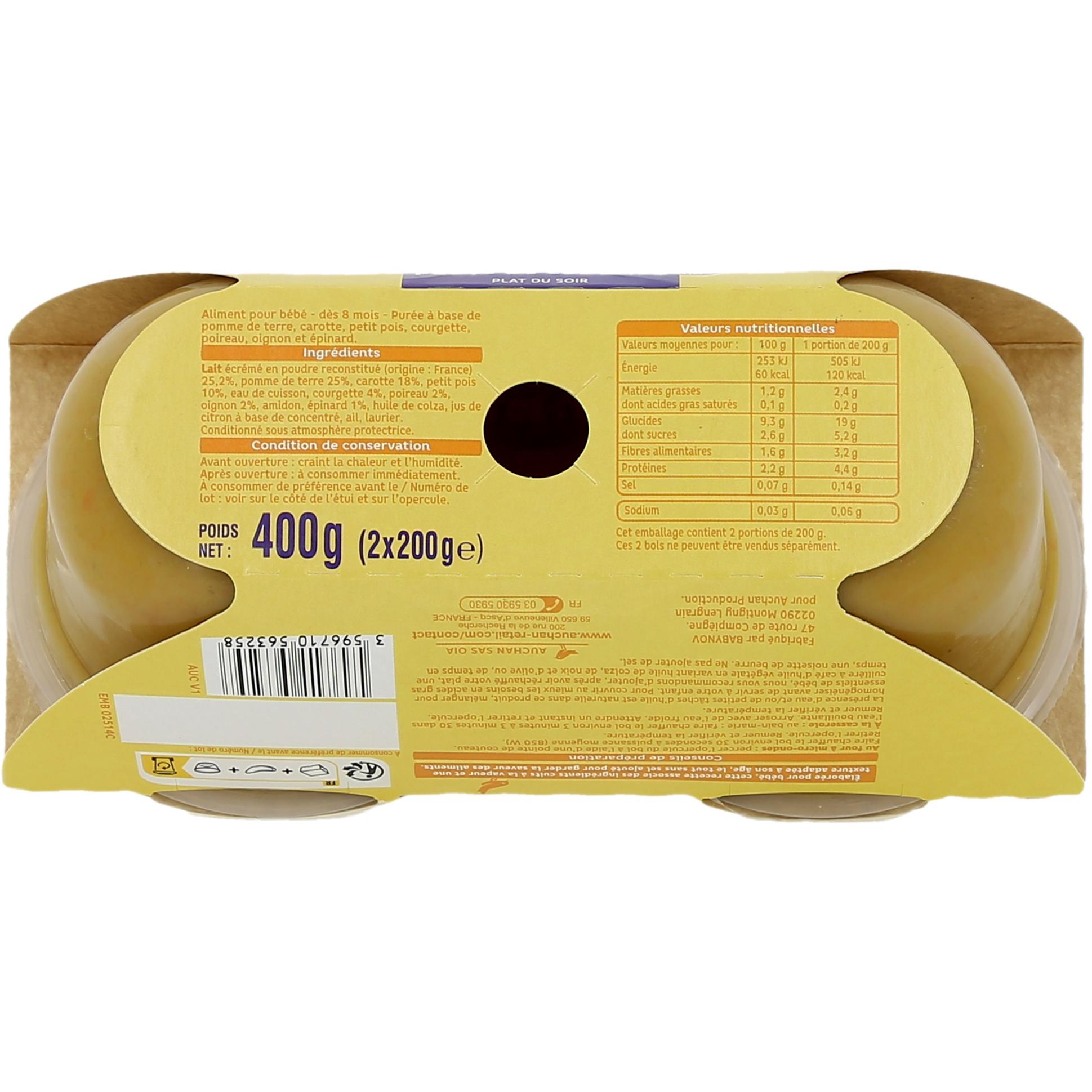 Voir la diapositive 4 : AUCHAN Purée légumes dès 8 mois 2x200g