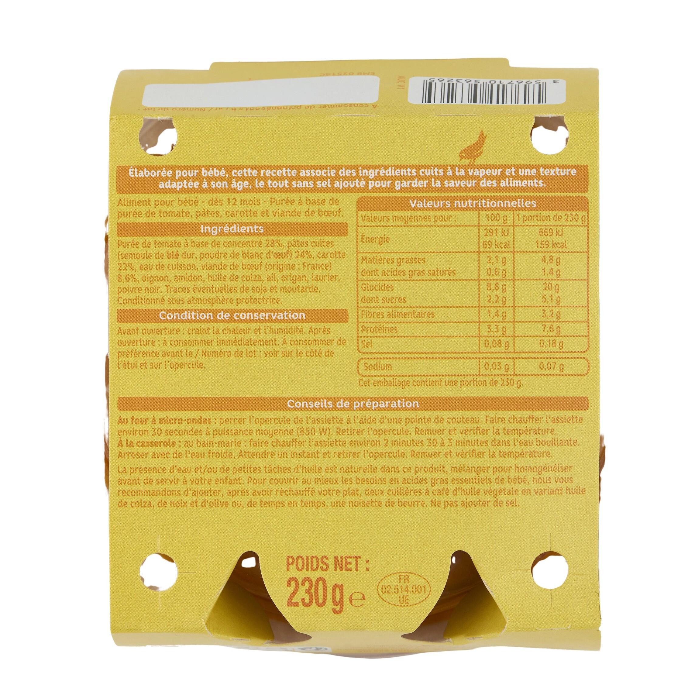 Voir la diapositive 2 : AUCHAN Assiette spaghetti bolognaise dès 12 mois 230g
