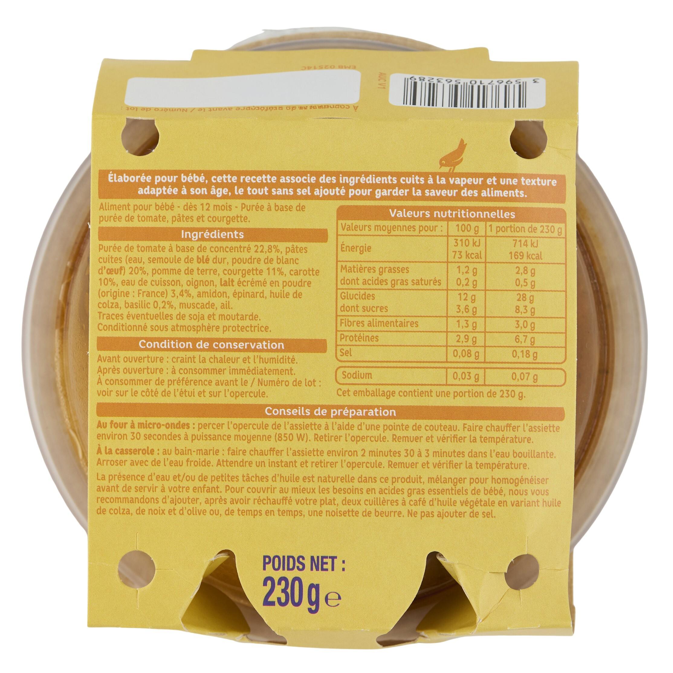 Voir la diapositive 2 : AUCHAN Assiette tomate pâtes courgettes dès 12 mois 230g
