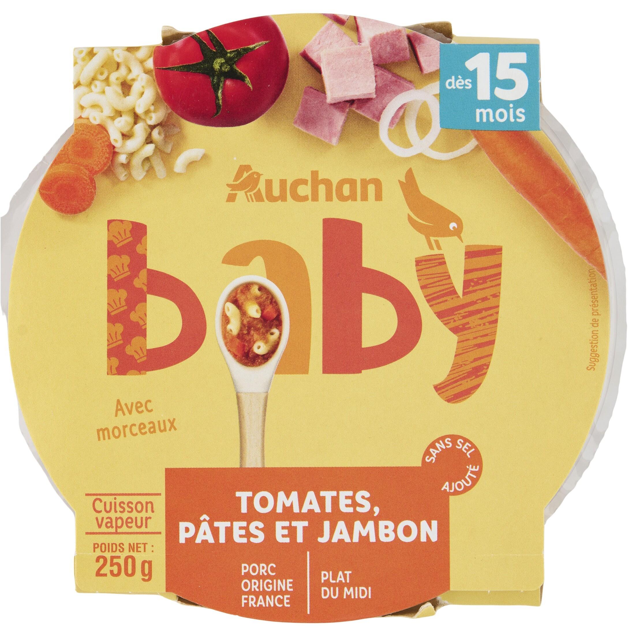 Voir la diapositive 1 : AUCHAN Assiette tomate pâte jambon dès 15 mois 250g