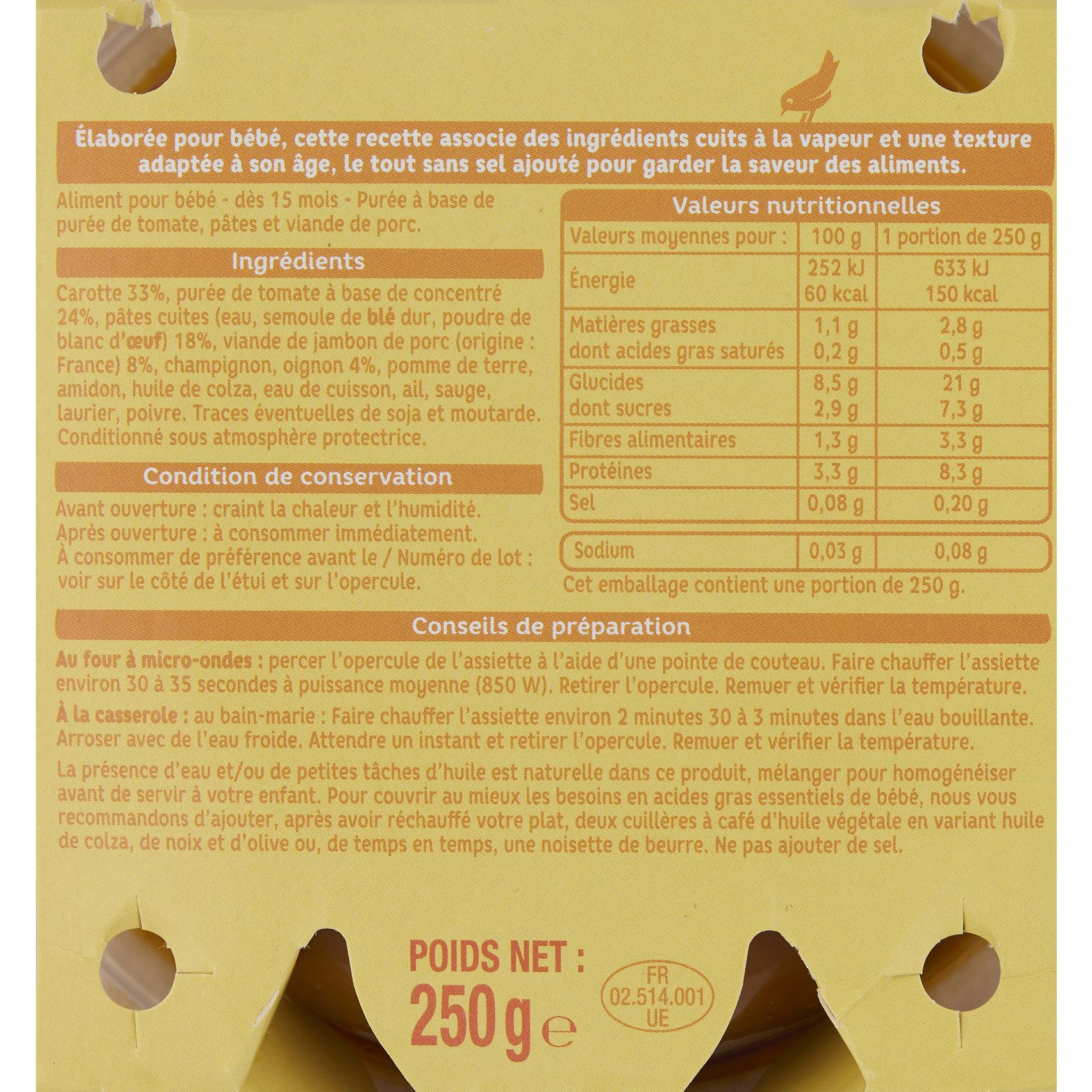 Voir la diapositive 2 : AUCHAN Assiette tomate pâte jambon dès 15 mois 250g