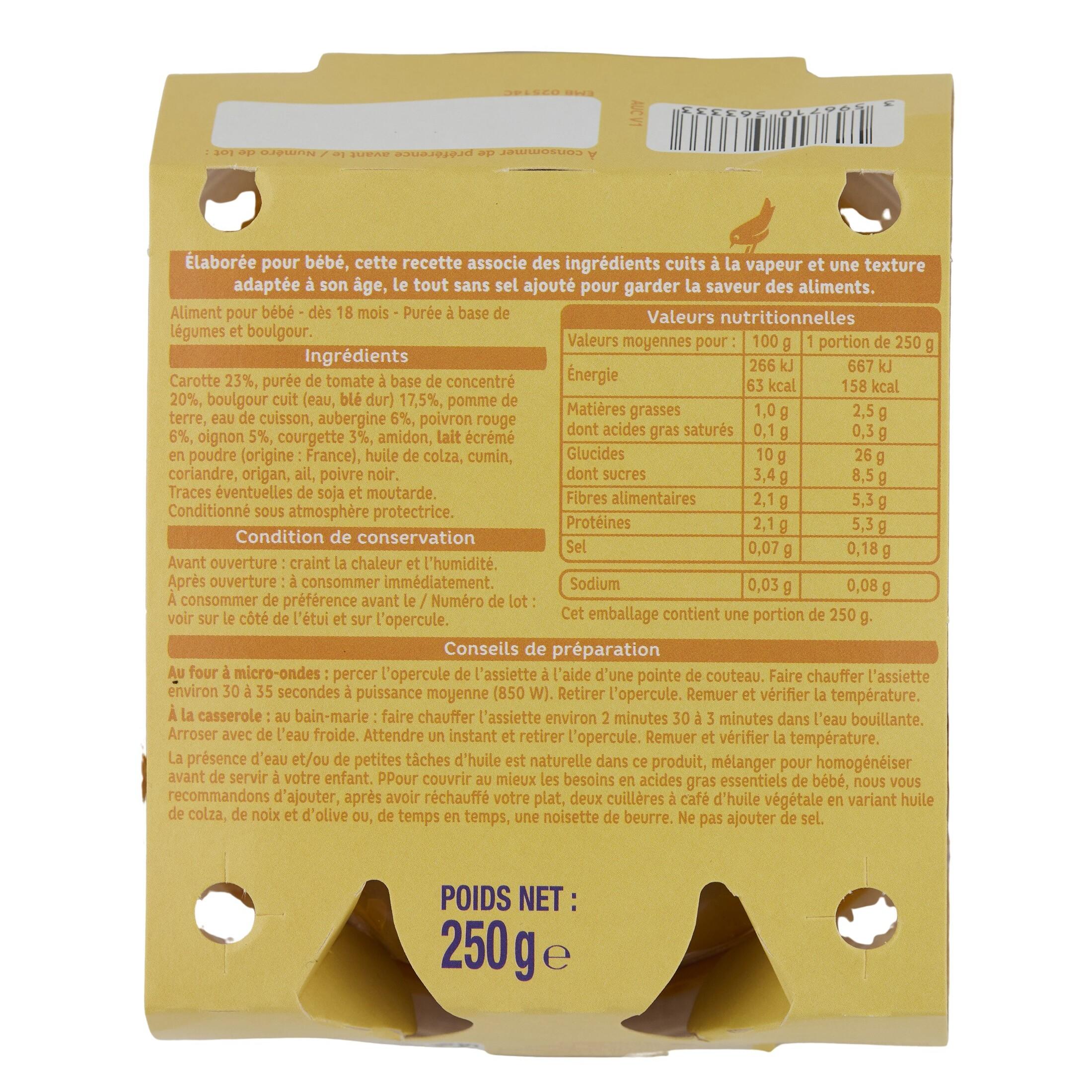 Voir la diapositive 2 : AUCHAN Assiette ratatouille boulghour lait dès 15 mois 250g