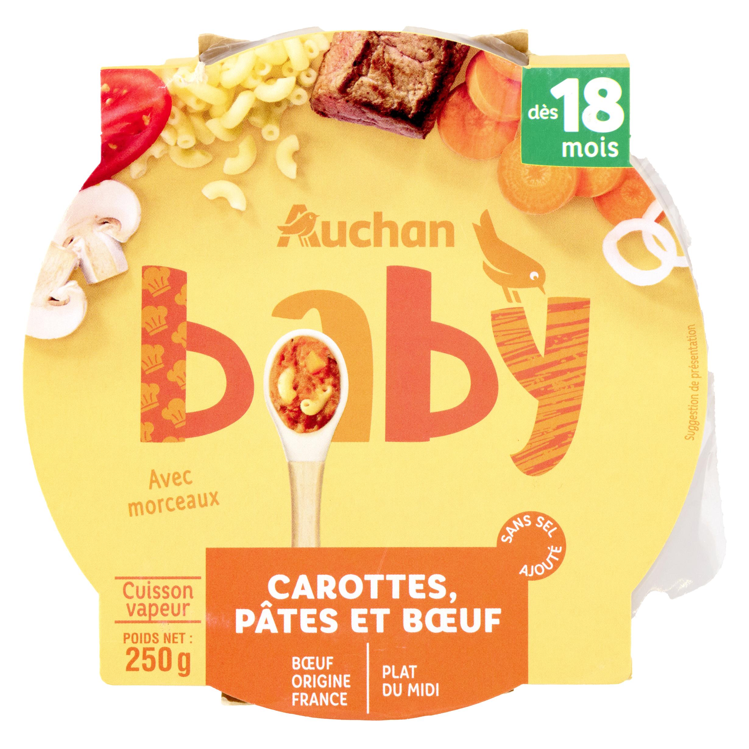 Voir la diapositive 1 : AUCHAN Assiette carotte pates boeuf dès 18 mois 250g