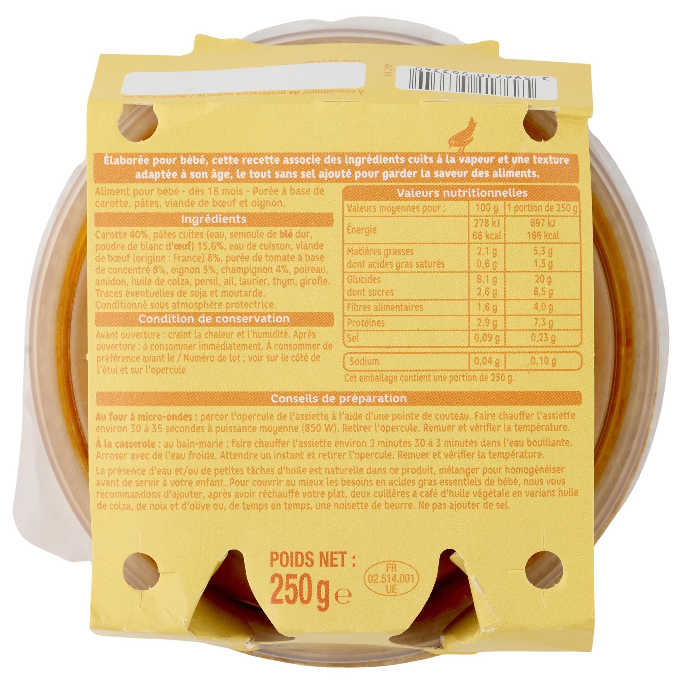 Voir la diapositive 2 : AUCHAN Assiette carotte pates boeuf dès 18 mois 250g