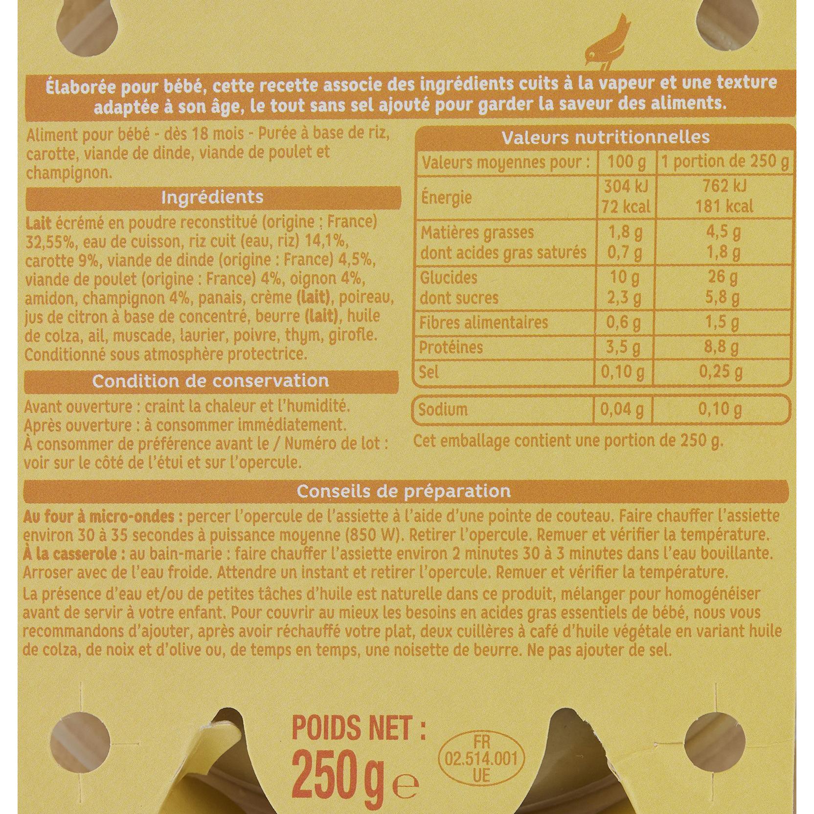 Voir la diapositive 2 : AUCHAN Assiette riz blanquette volaille dès 18 mois 250g