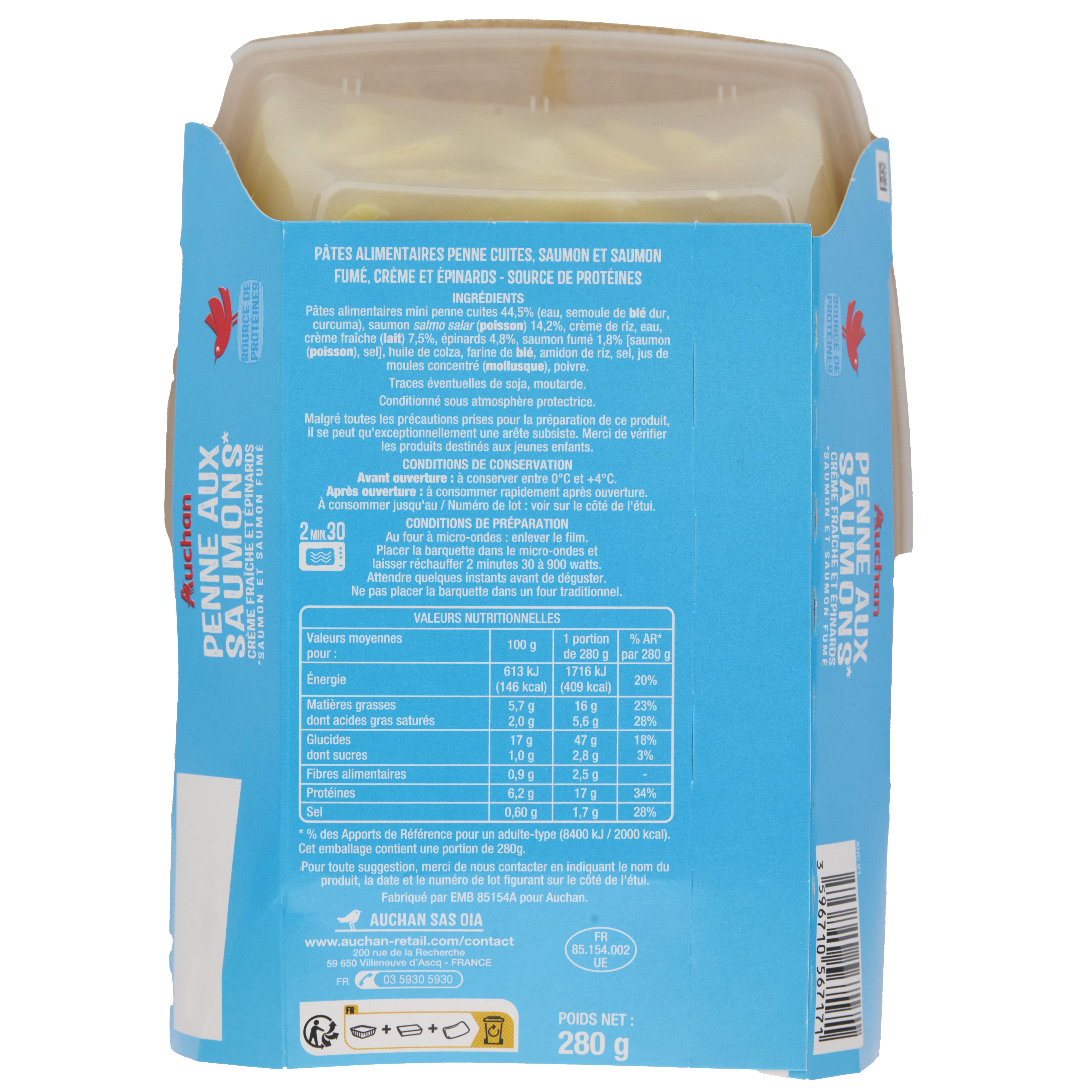 Voir la diapositive 2 : AUCHAN Penne au saumon et aux épinards 280g