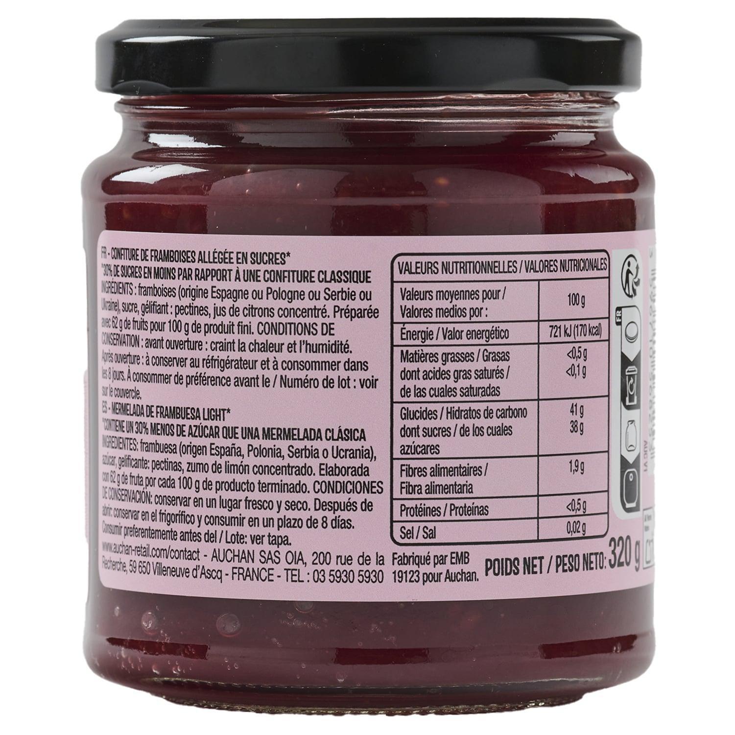 Voir la diapositive 2 : AUCHAN La Gourmande confiture framboise 62% fruits 320g