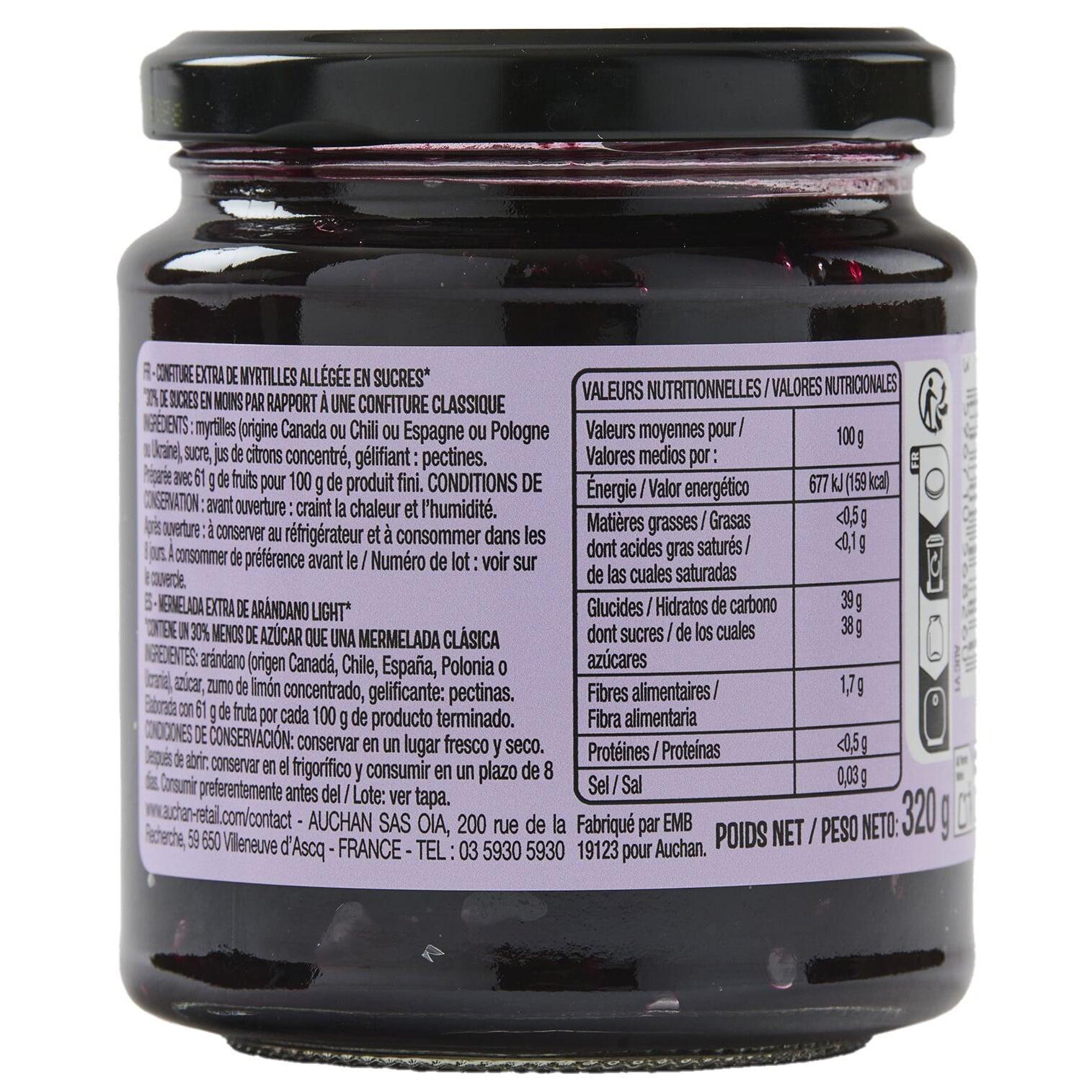 Voir la diapositive 2 : AUCHAN La Gourmande Confiture myrtille 61% de fruits 320g