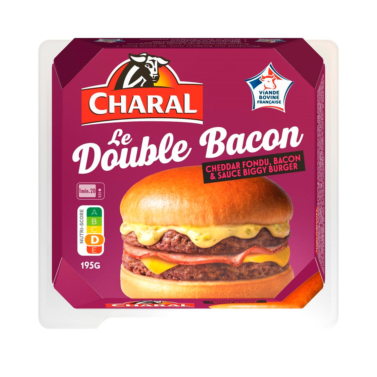 CHARAL Le double bacon burger cheddar fondu, bacon et sauce biggy burger VBF 1 pièce 195g