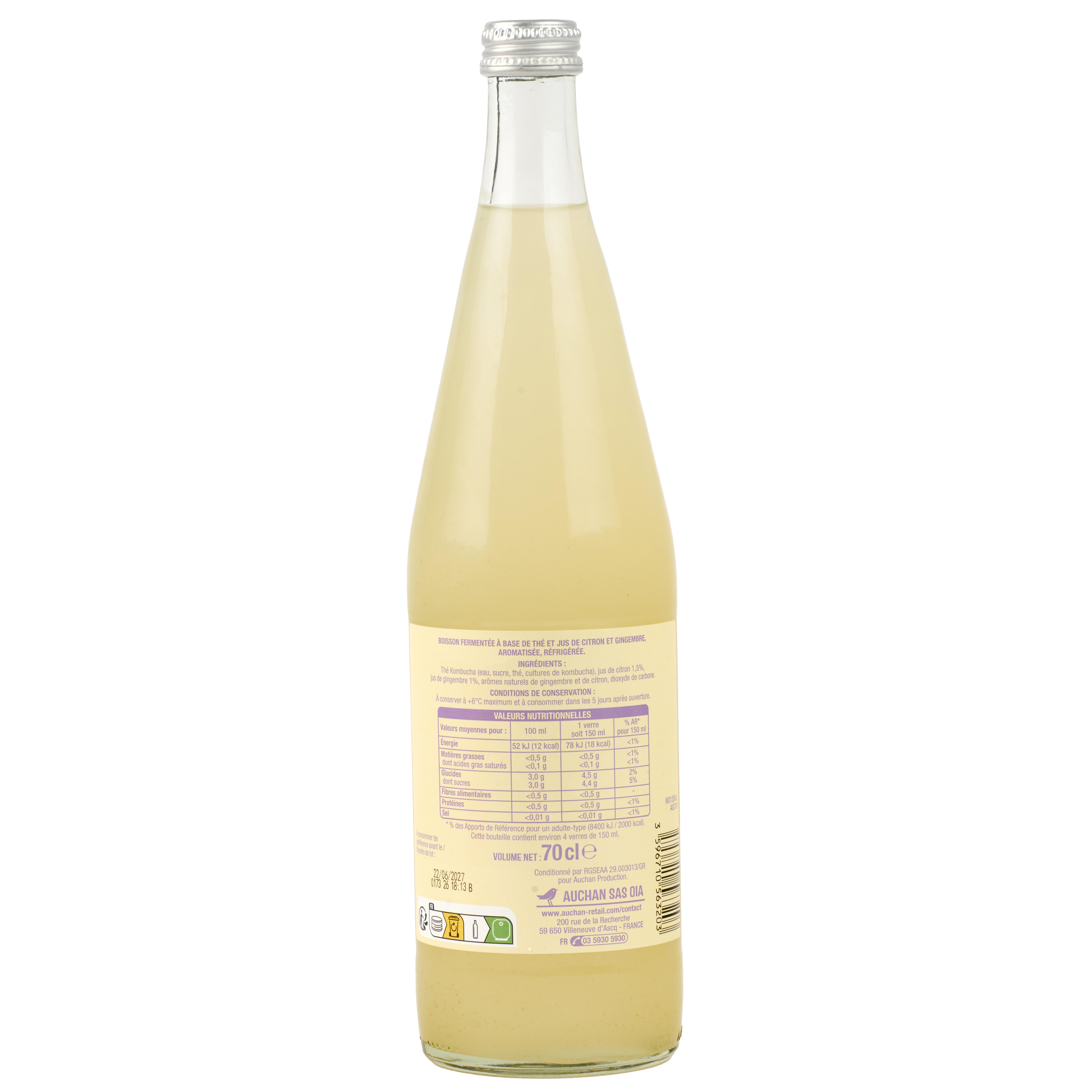 Voir la diapositive 2 : AUCHAN Kombucha pétillante citron gingembre 70cl