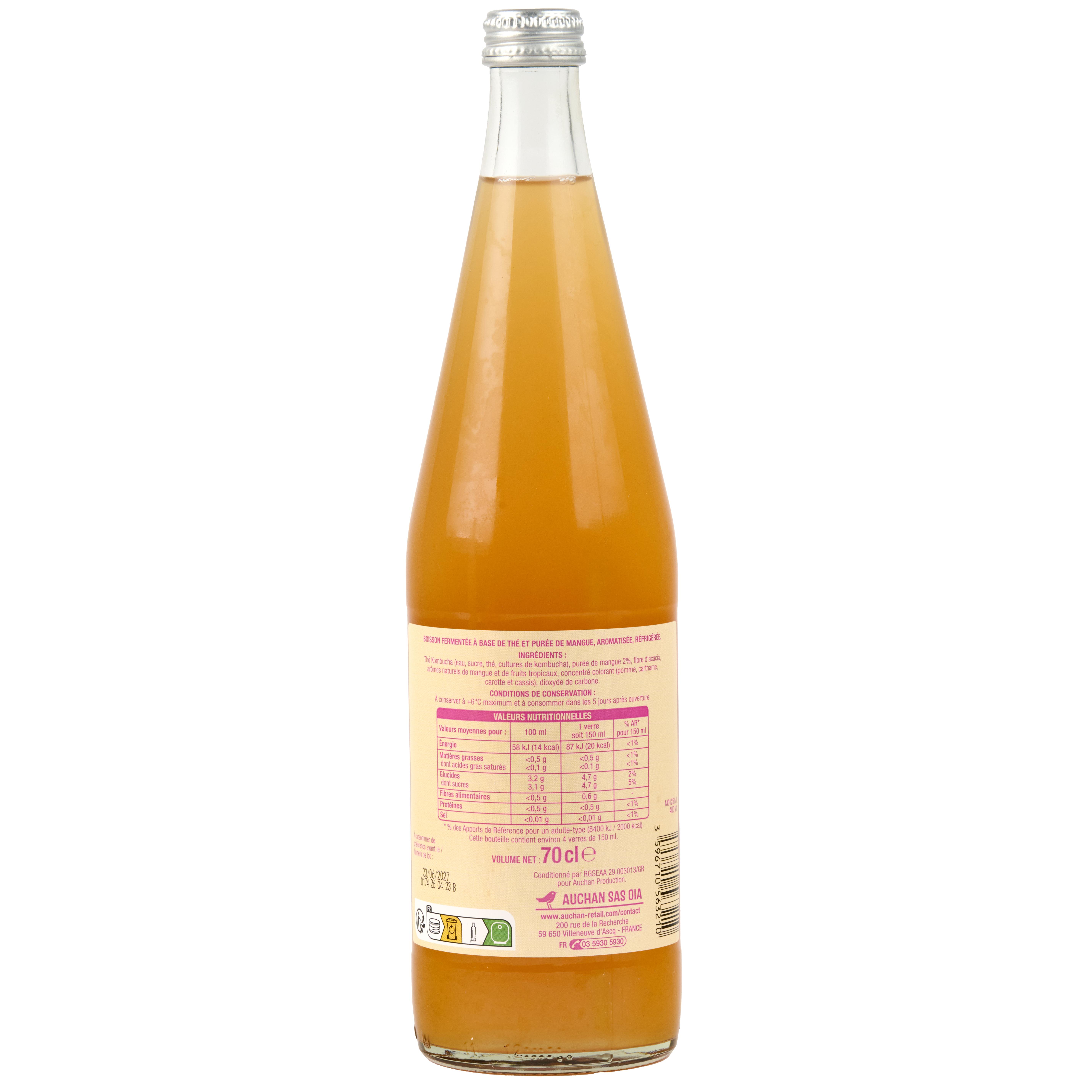 Voir la diapositive 2 : AUCHAN Boisson pétillante kombucha tropical 70cl