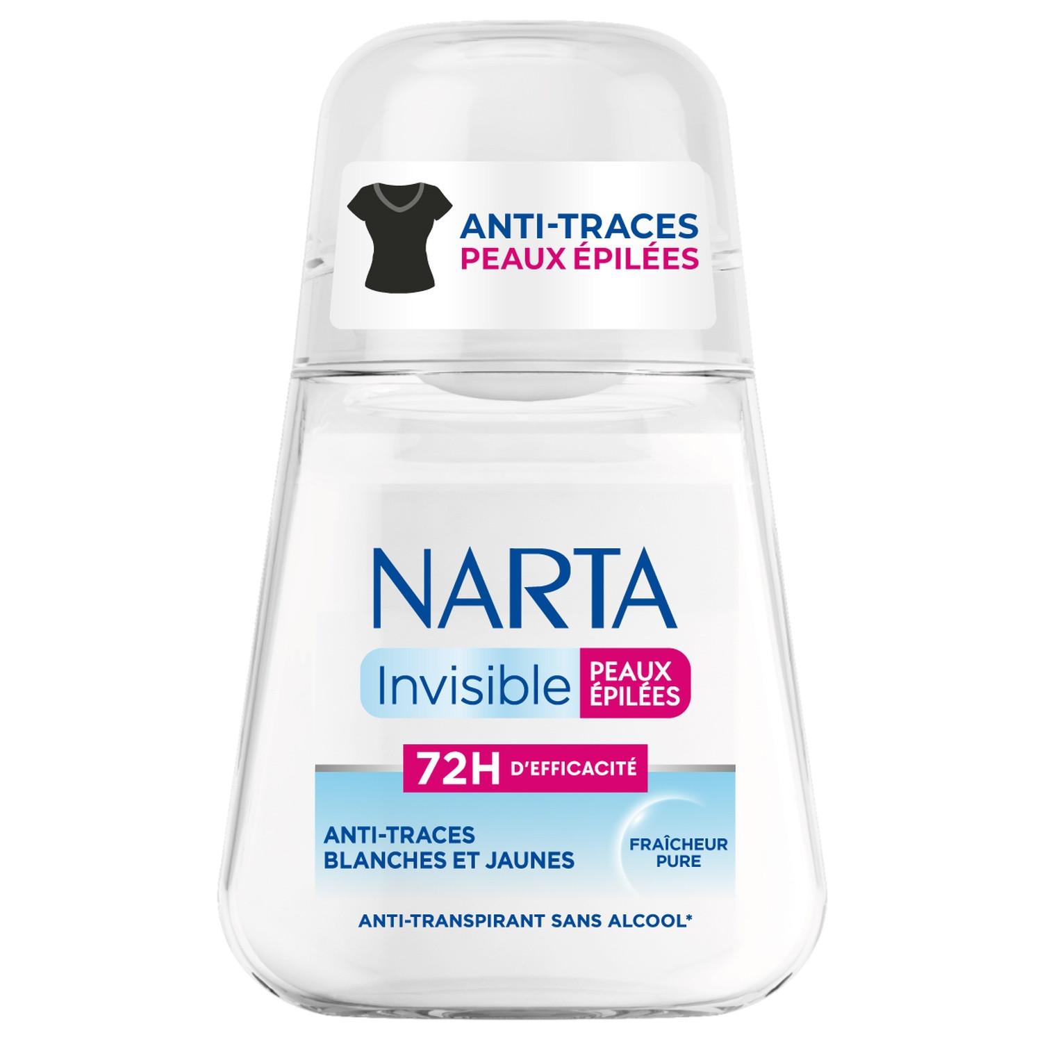 NARTA Invisible Déodorant bille 72H peaux épilées anti-traces blanches et jaunes fraicheur pure 50ml