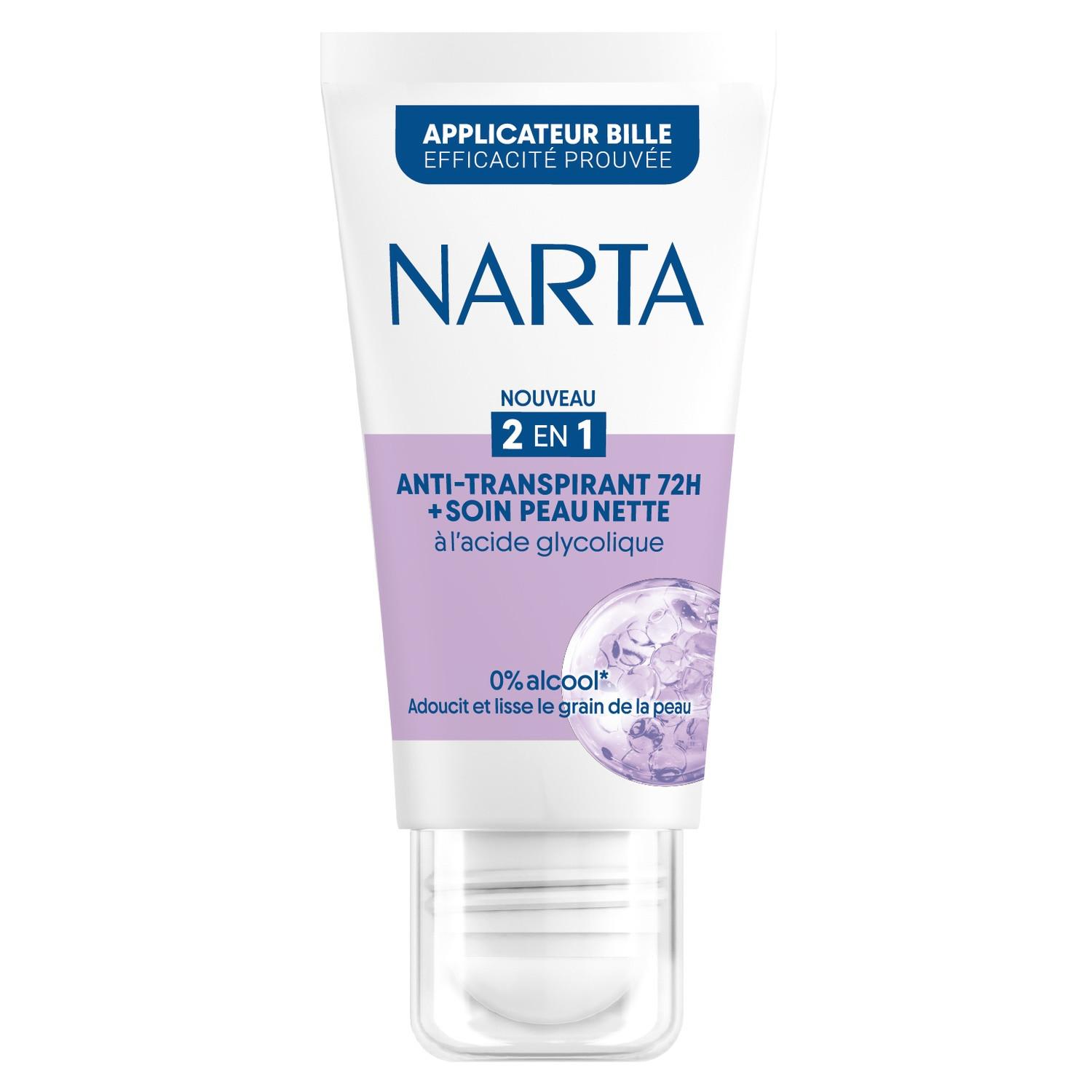 NARTA Déodorant bille 2en1 anti-transpirant 72H+soin peau nette à l'acide glycolique 50ml