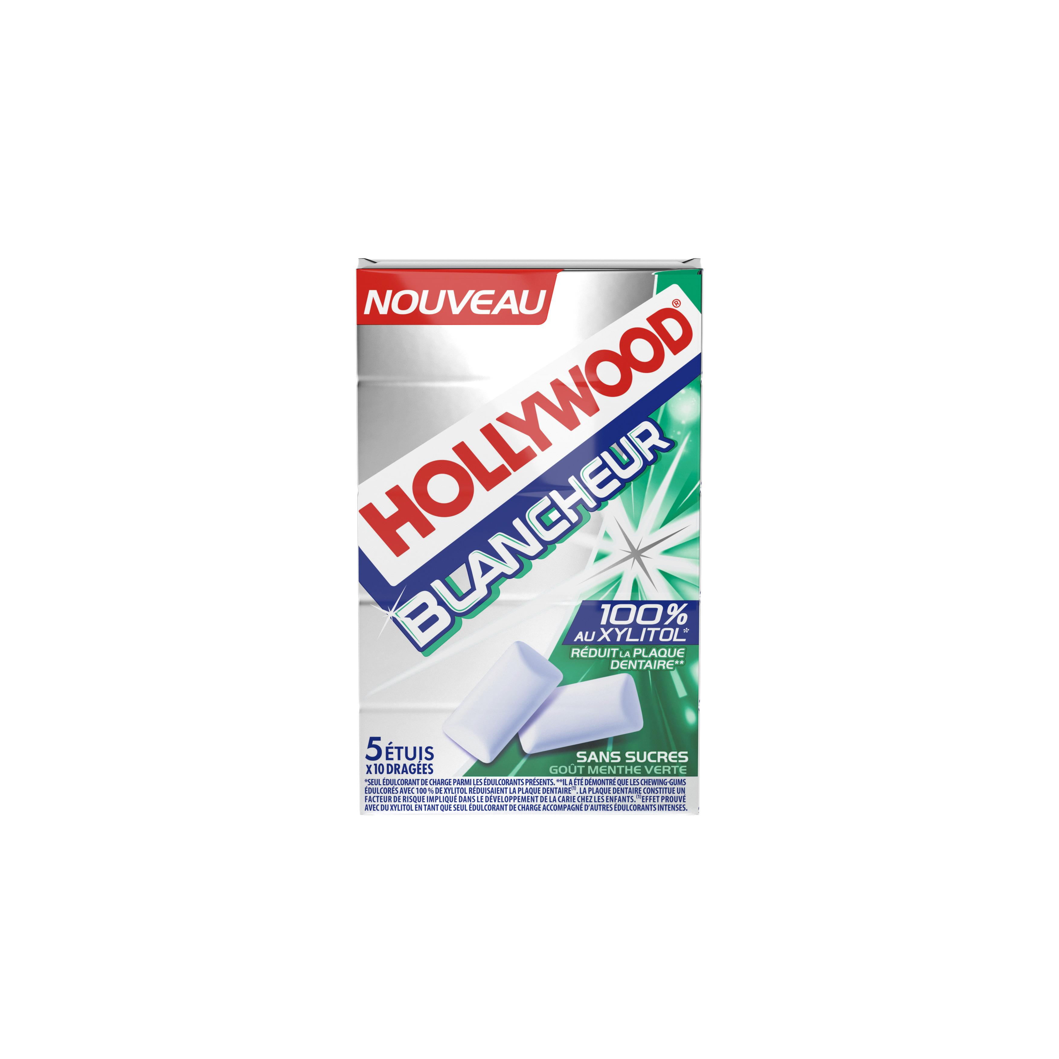 HOLLYWOOD Blancheur Chewing-gums goût menthe verte sans sucres 5x10 chewing-gums 67,5g