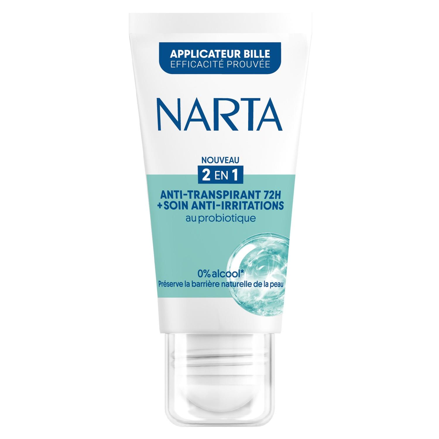 NARTA Déodorant bille 2en1 anti-transpirant 72h+soin anti-irritations au probiotique 50ml