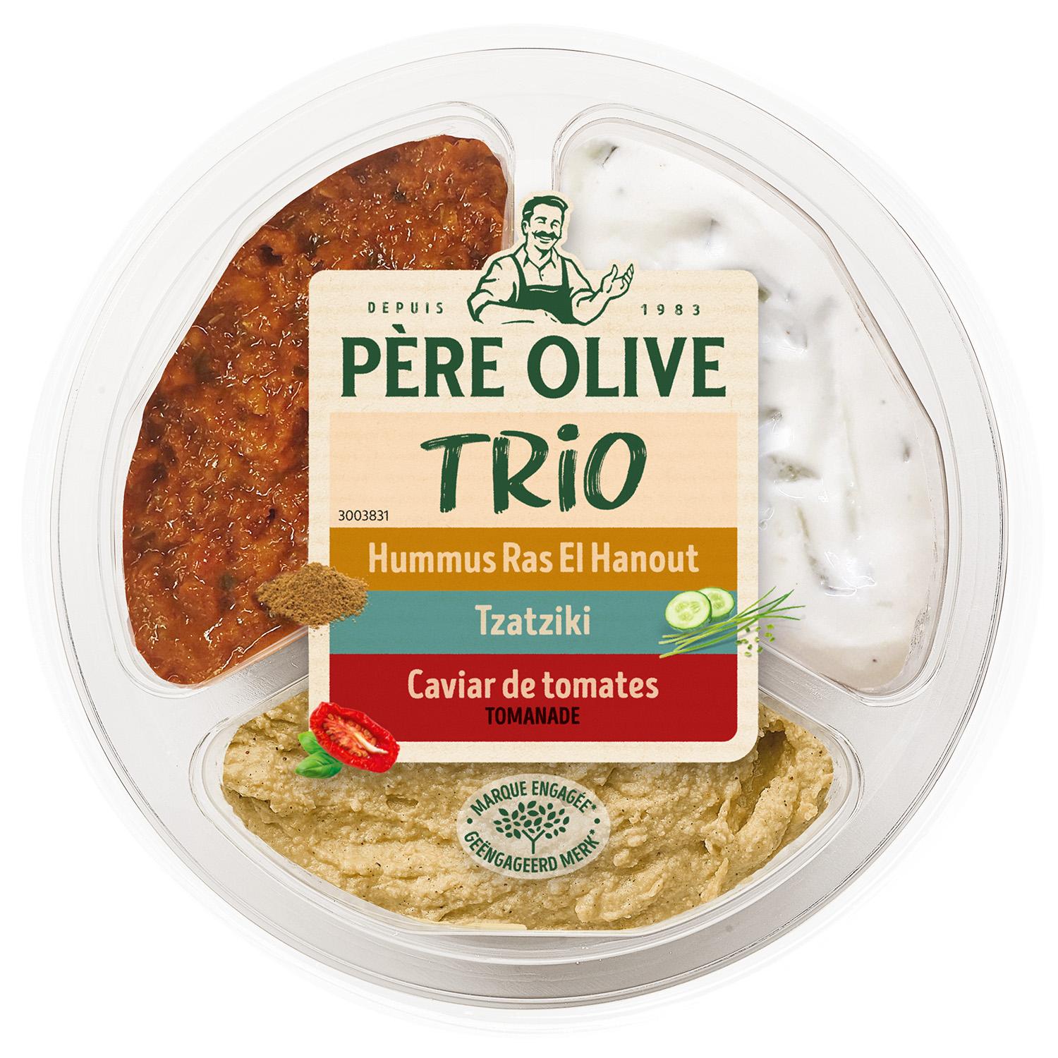 PÈRE OLIVE Trio hummus ras el hanout tzatziki caviar de tomates 210g