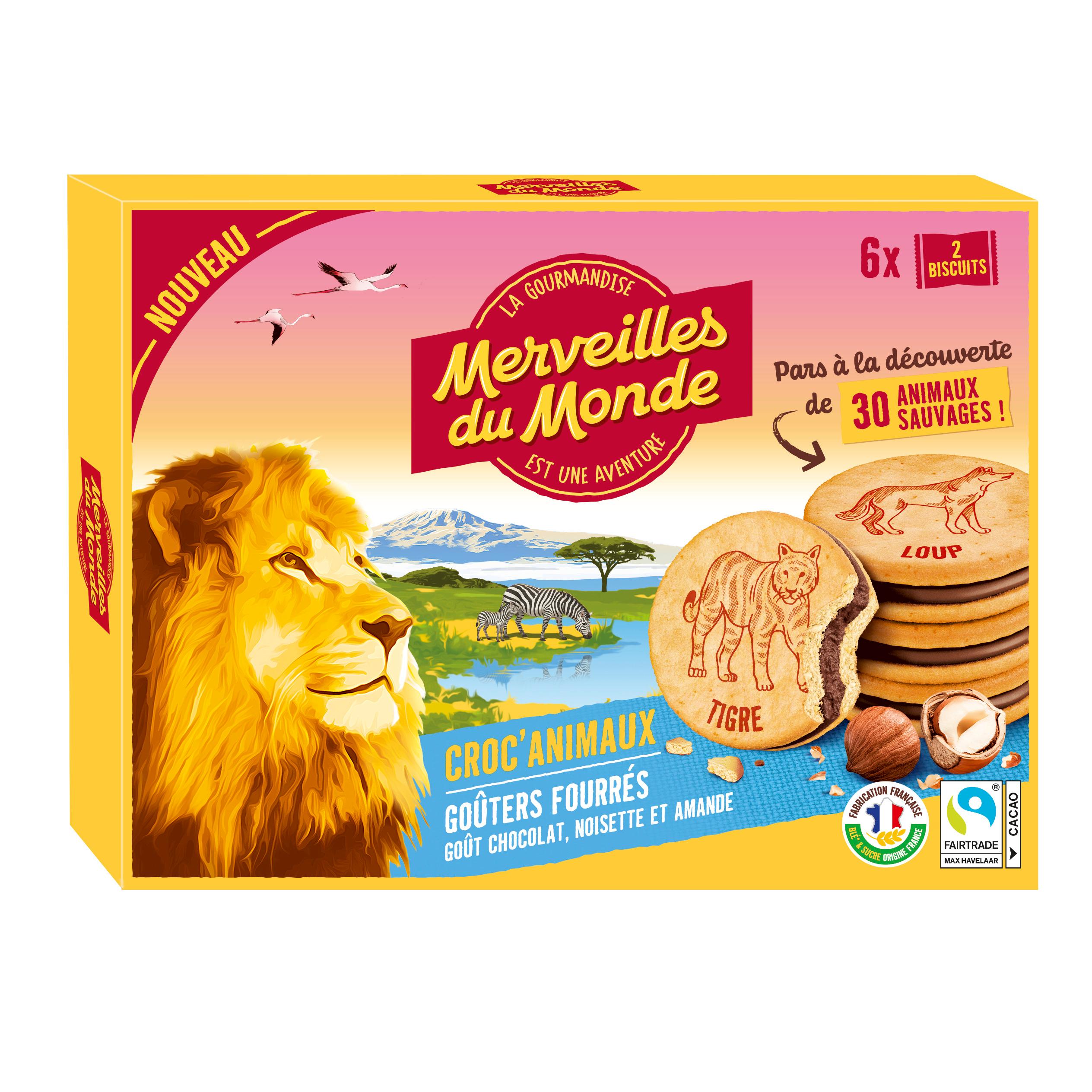 MERVEILLES DU MONDE Croc Animaux biscuits fourrés saveur amandes noisettes et chocolat 135g