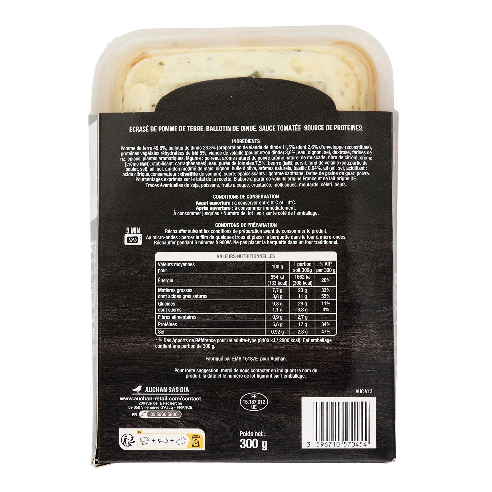Voir la diapositive 2 : AUCHAN Ballotin de dinde et son écrasé de pommes de terre 300g