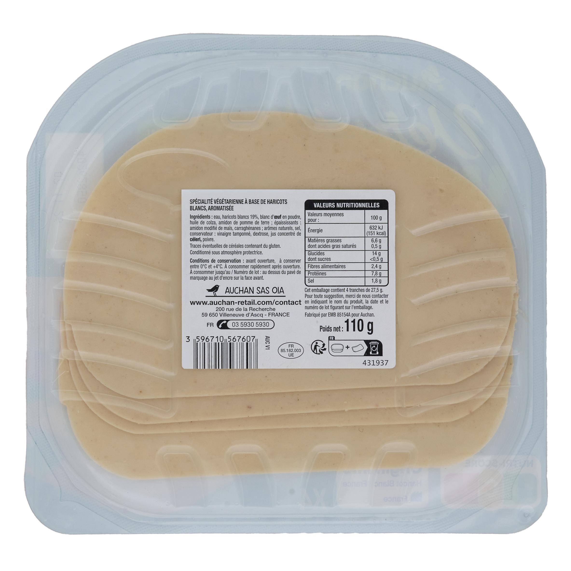 Voir la diapositive 2 : AUCHAN Very Veggie tranches haricots blancs fumés végétal 4 tranches 110g