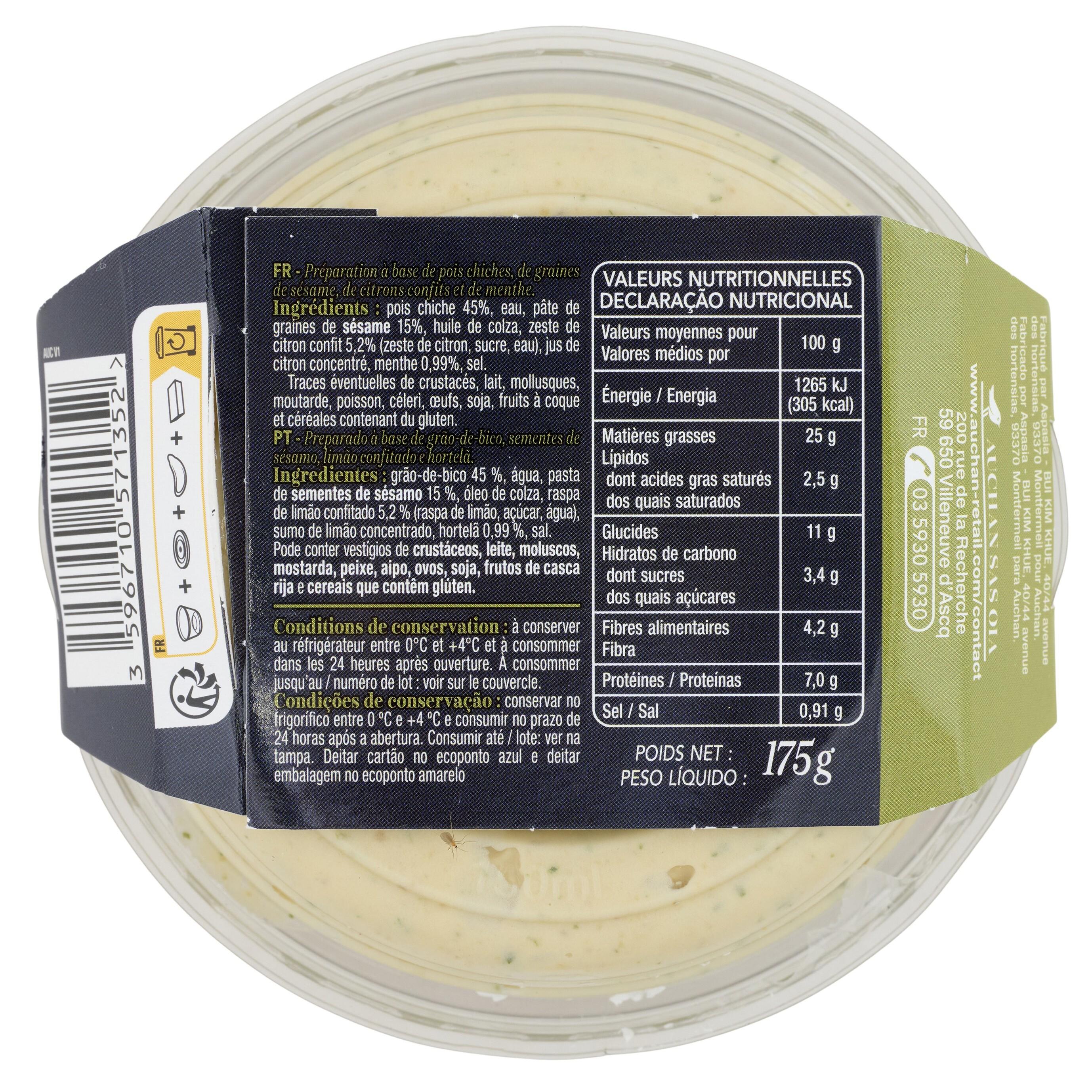 Voir la diapositive 2 : AUCHAN COLLECTION Houmous citron confit 175g