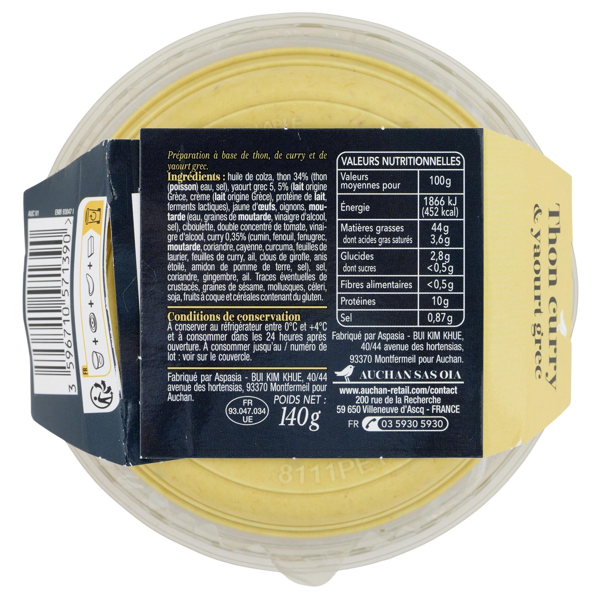 Voir la diapositive 2 : AUCHAN COLLECTION Thon curry yaourt grec 140g
