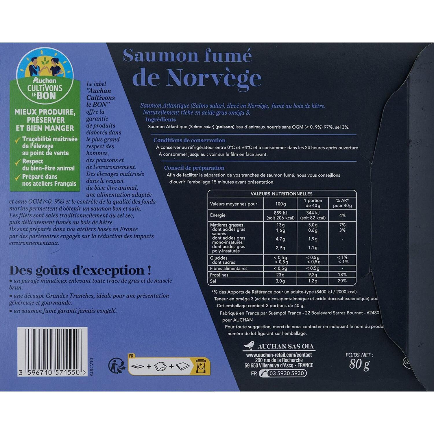 Voir la diapositive 2 : AUCHAN COLLECTION Saumon fumé de Norvège 2 tranches 80g