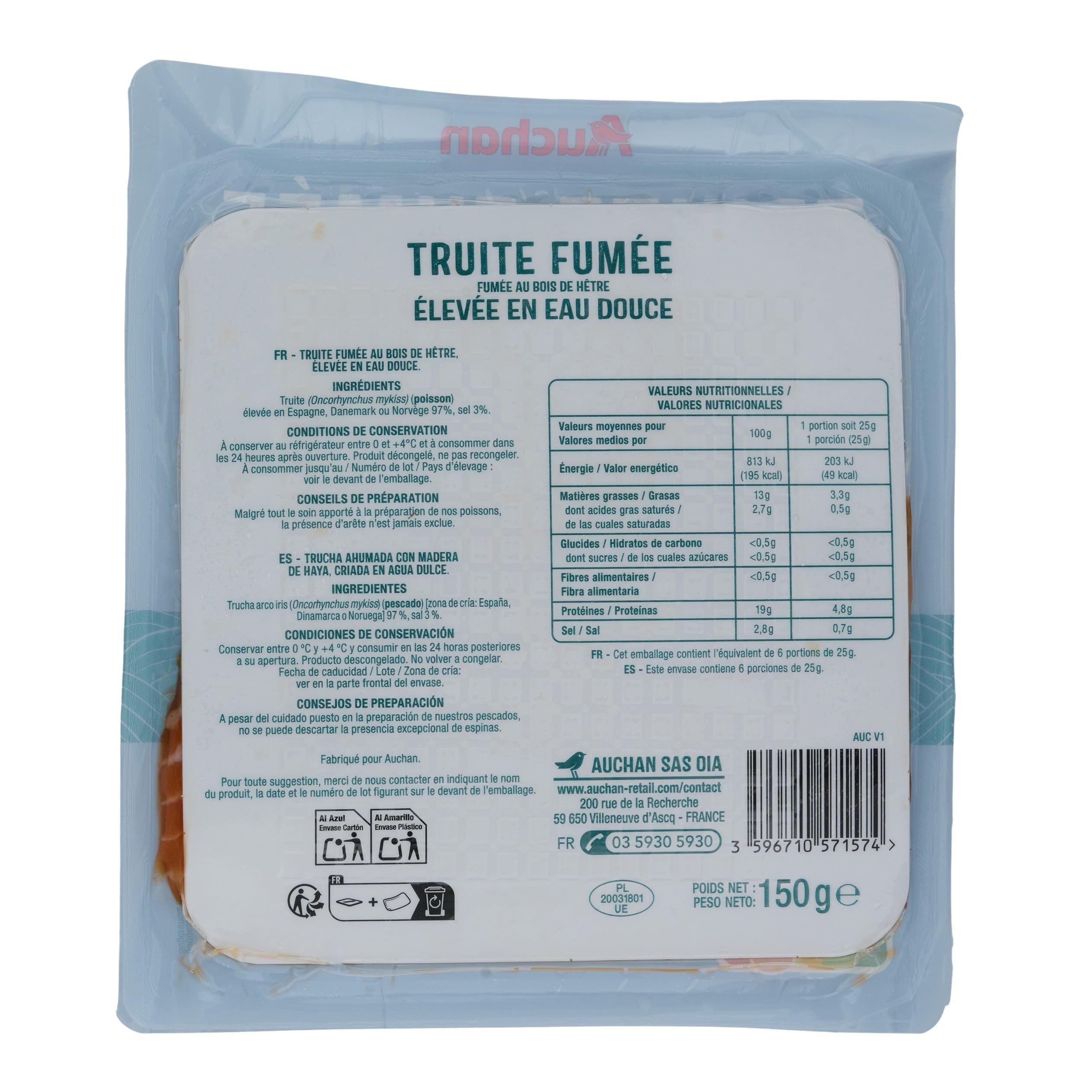 Voir la diapositive 2 : AUCHAN Truite fumée eau douce 6 tranches 150g