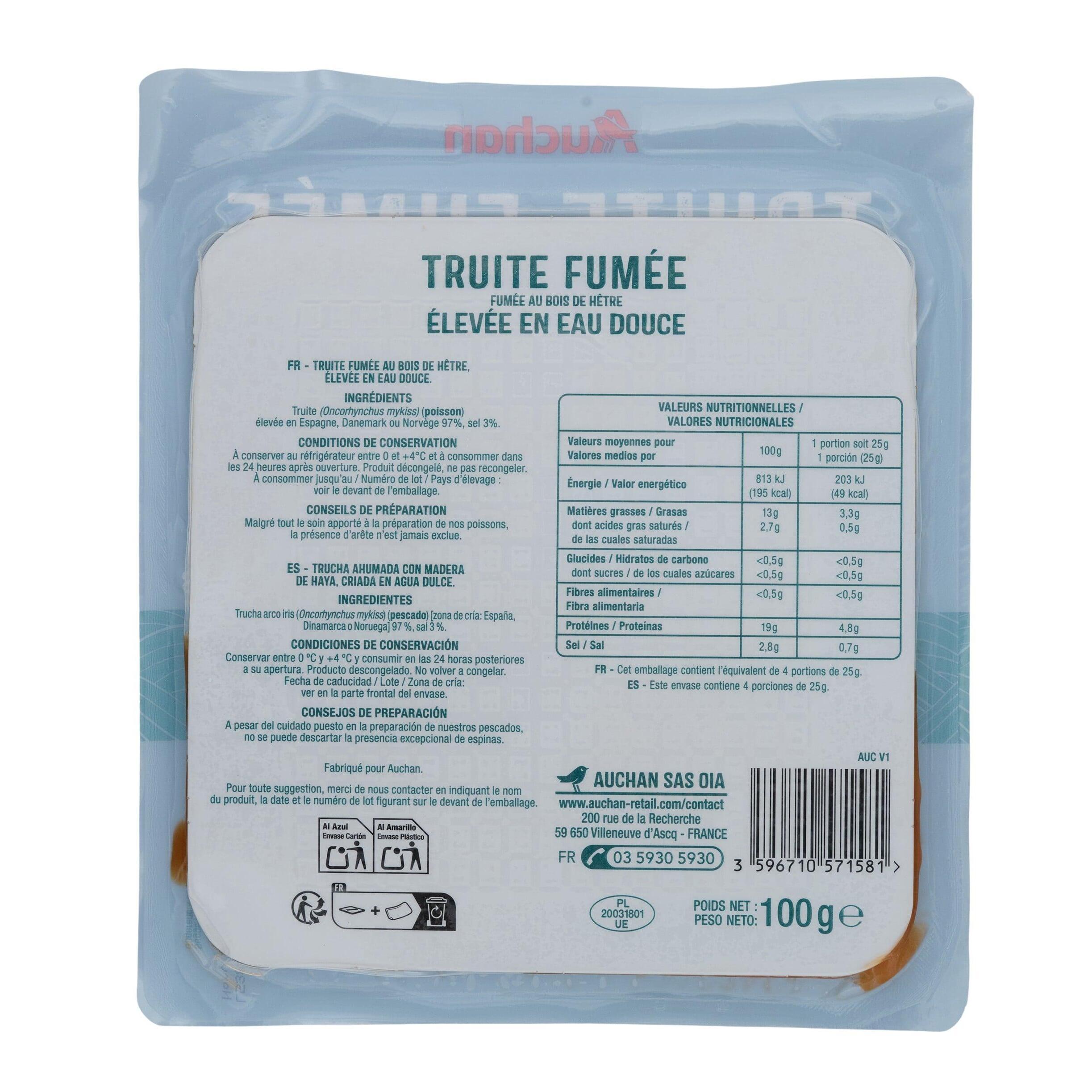 Voir la diapositive 2 : AUCHAN Truite fumée eau douce 4 tranches 100g