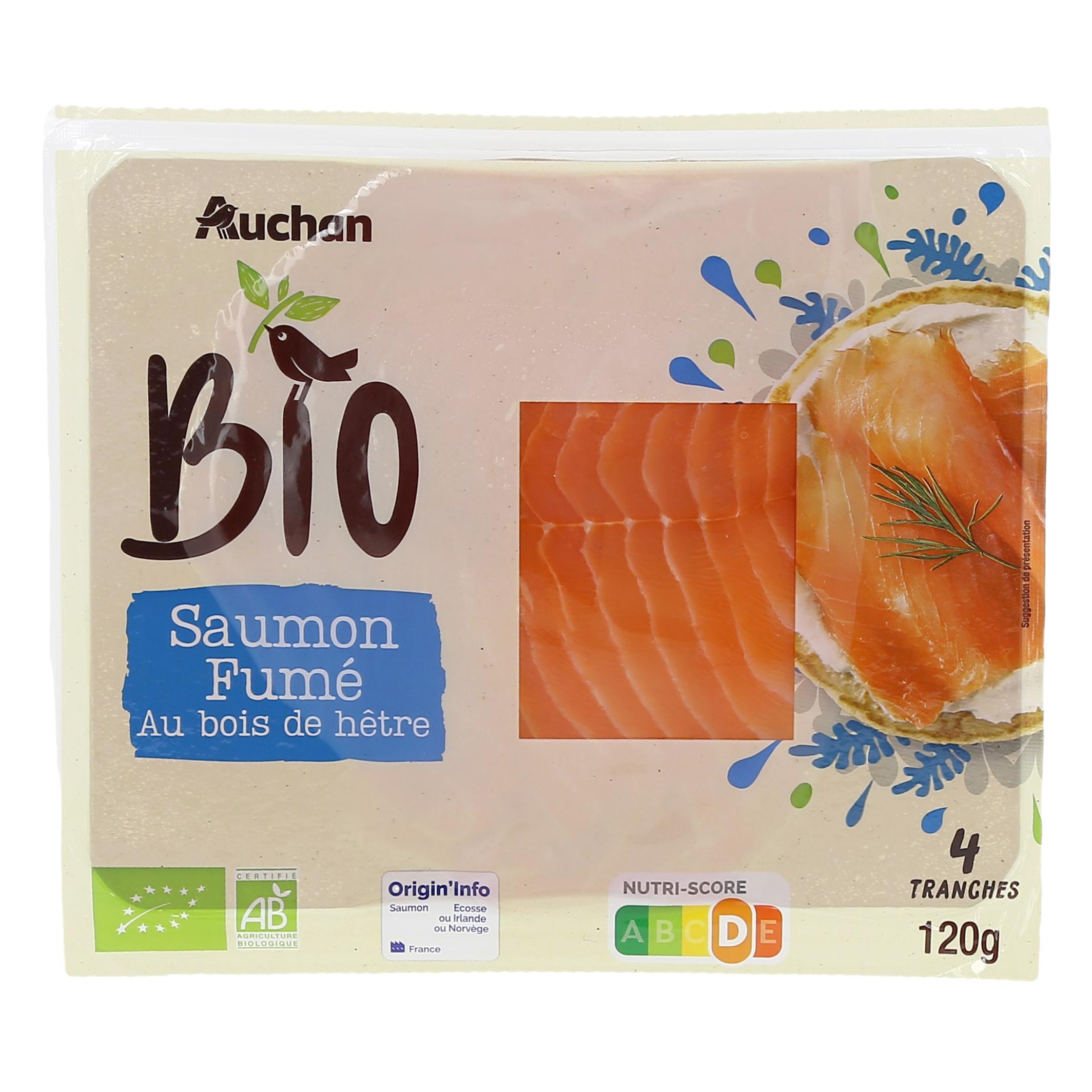 AUCHAN BIO Saumon fumé au bois de hêtre 4 tranches 120g