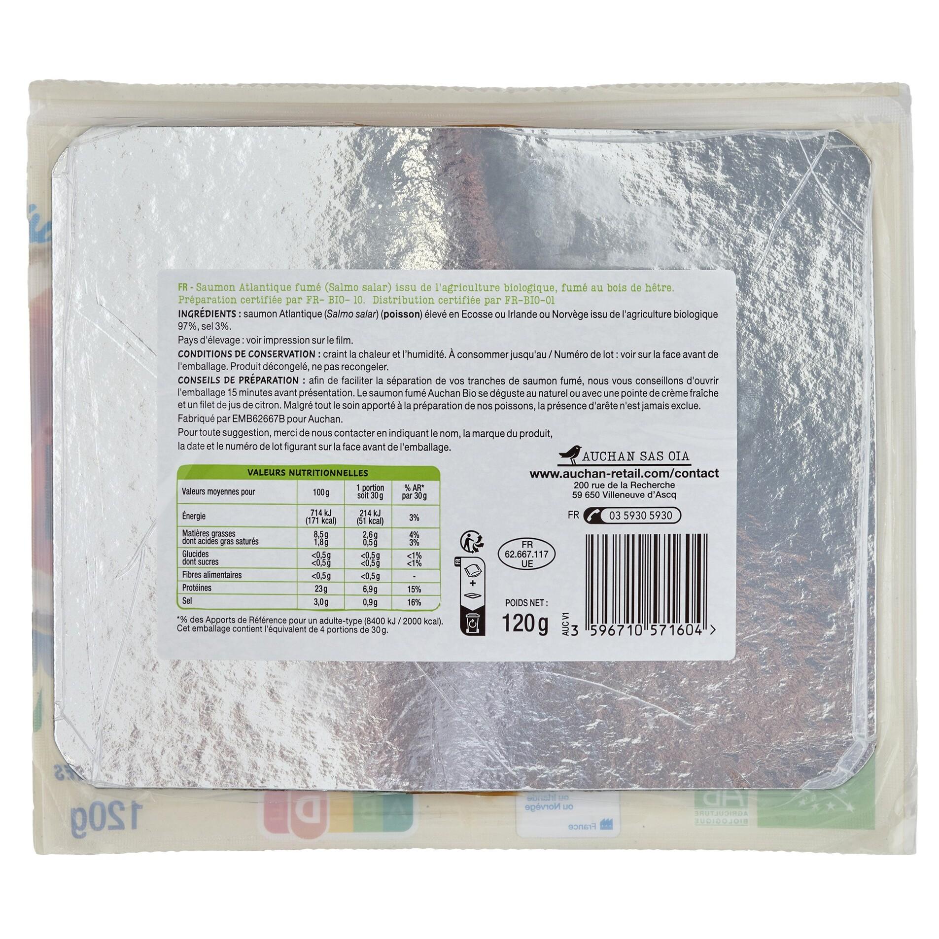 Voir la diapositive 2 : AUCHAN BIO Saumon fumé au bois de hêtre 4 tranches 120g