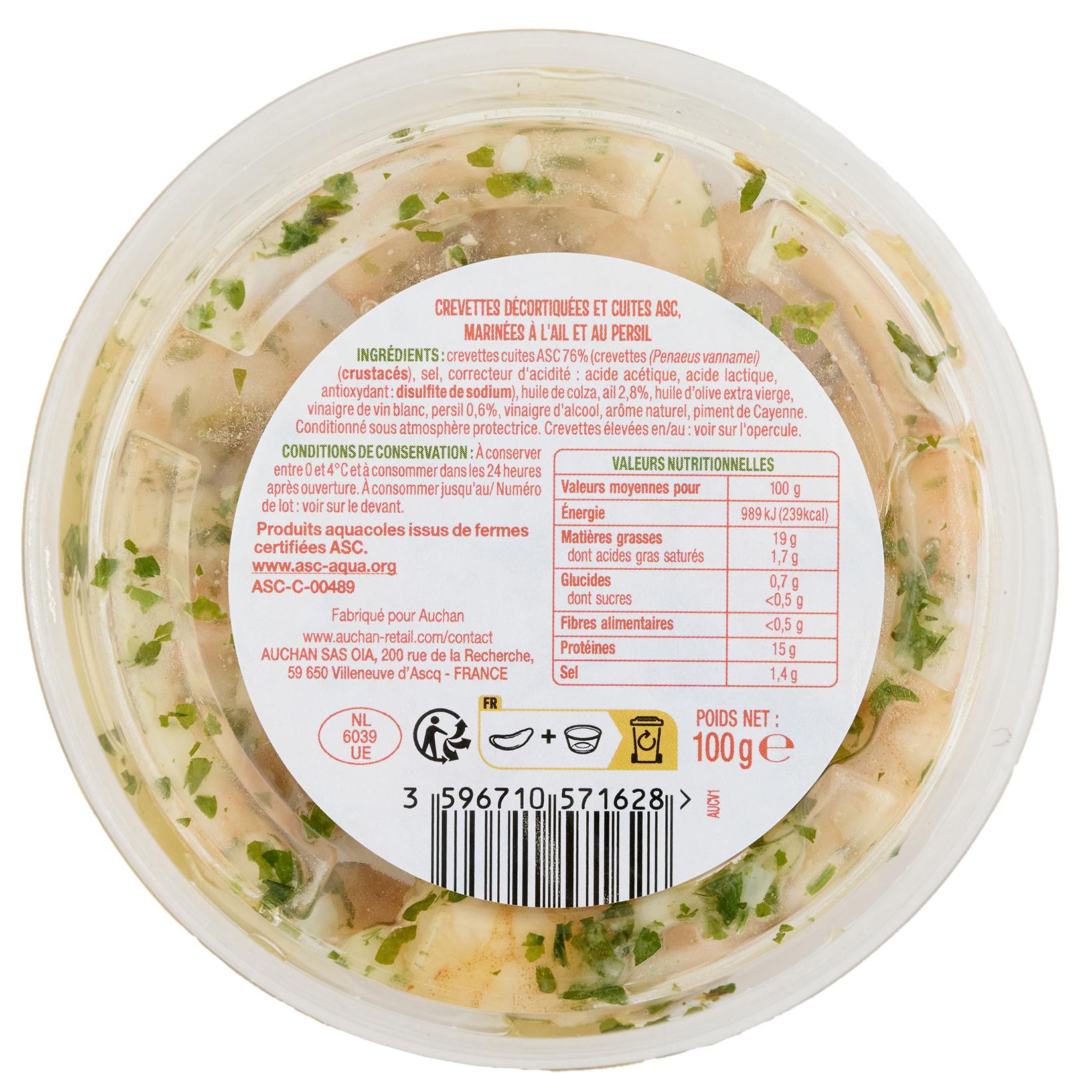 Voir la diapositive 2 : AUCHAN Crevettes ail et persil 100g