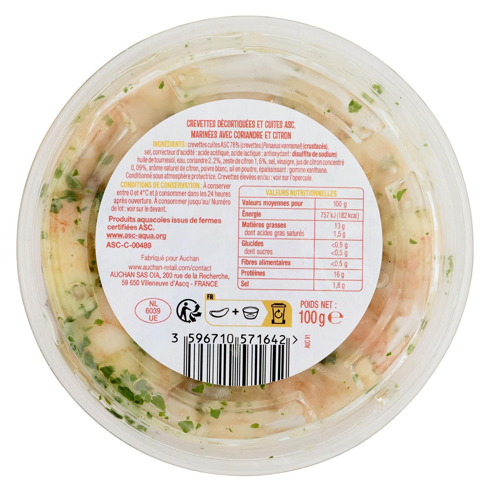 Voir la diapositive 2 : AUCHAN Crevettes citron et coriandre 100g