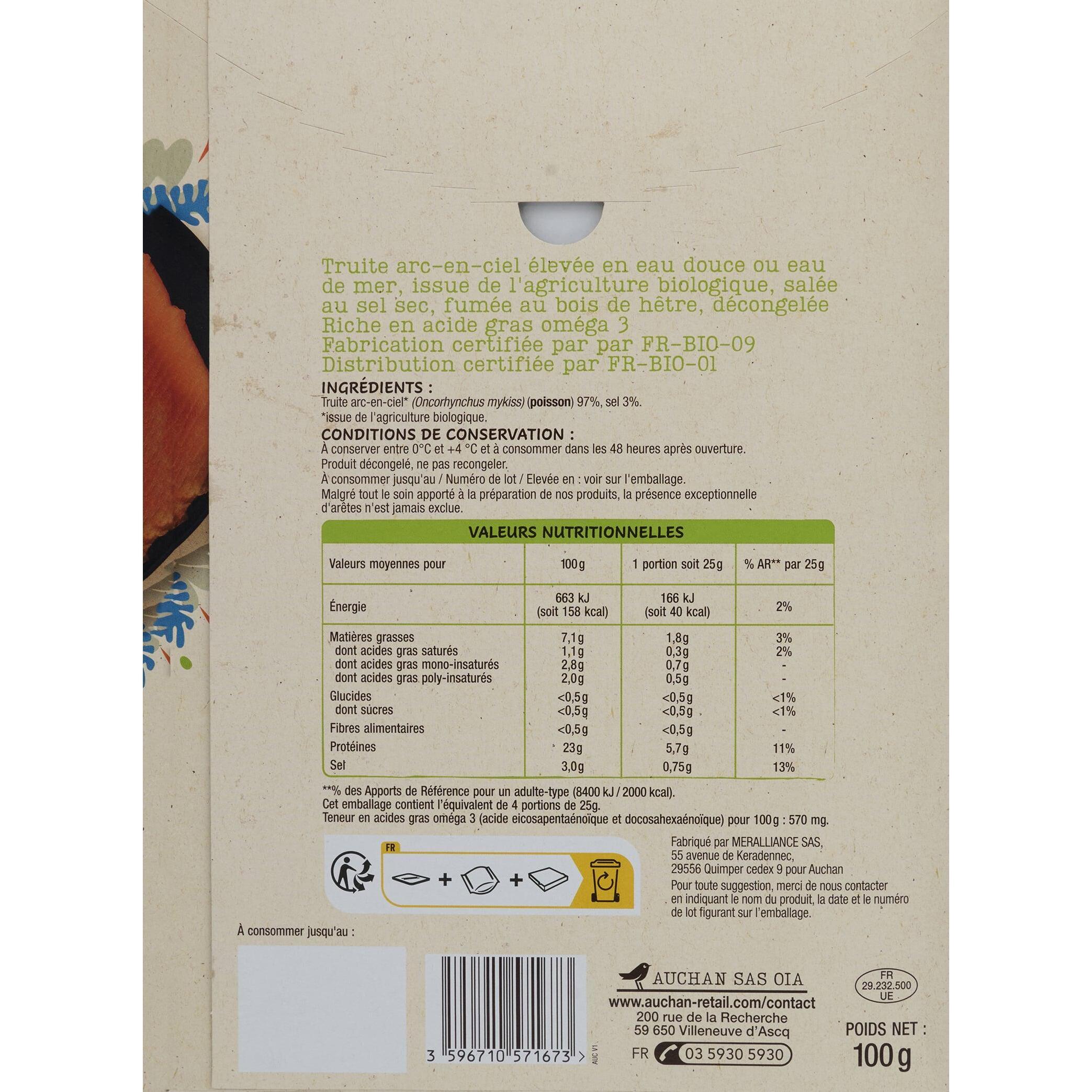 Voir la diapositive 2 : AUCHAN Truite fumée bio 4 tranches 100g
