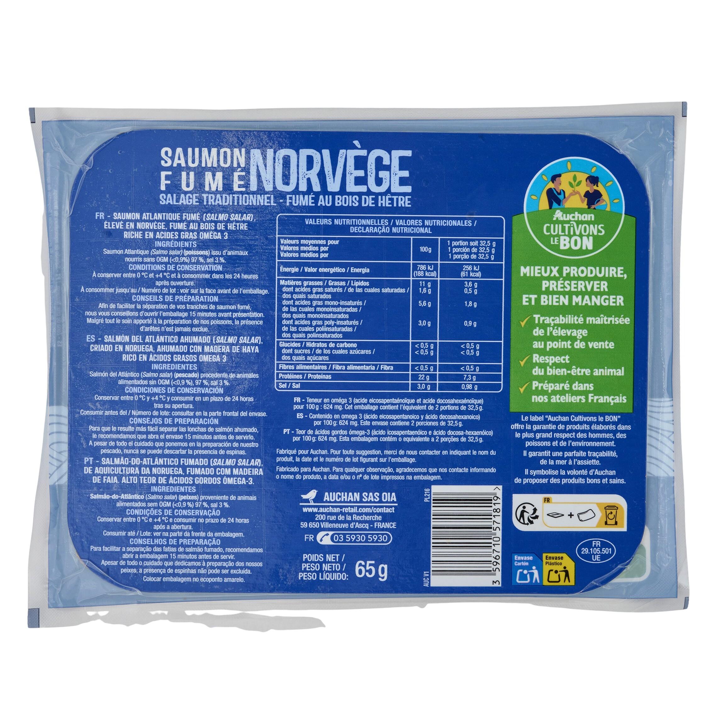 Voir la diapositive 2 : AUCHAN Saumon fumé de Norvège 2 tranches 65g