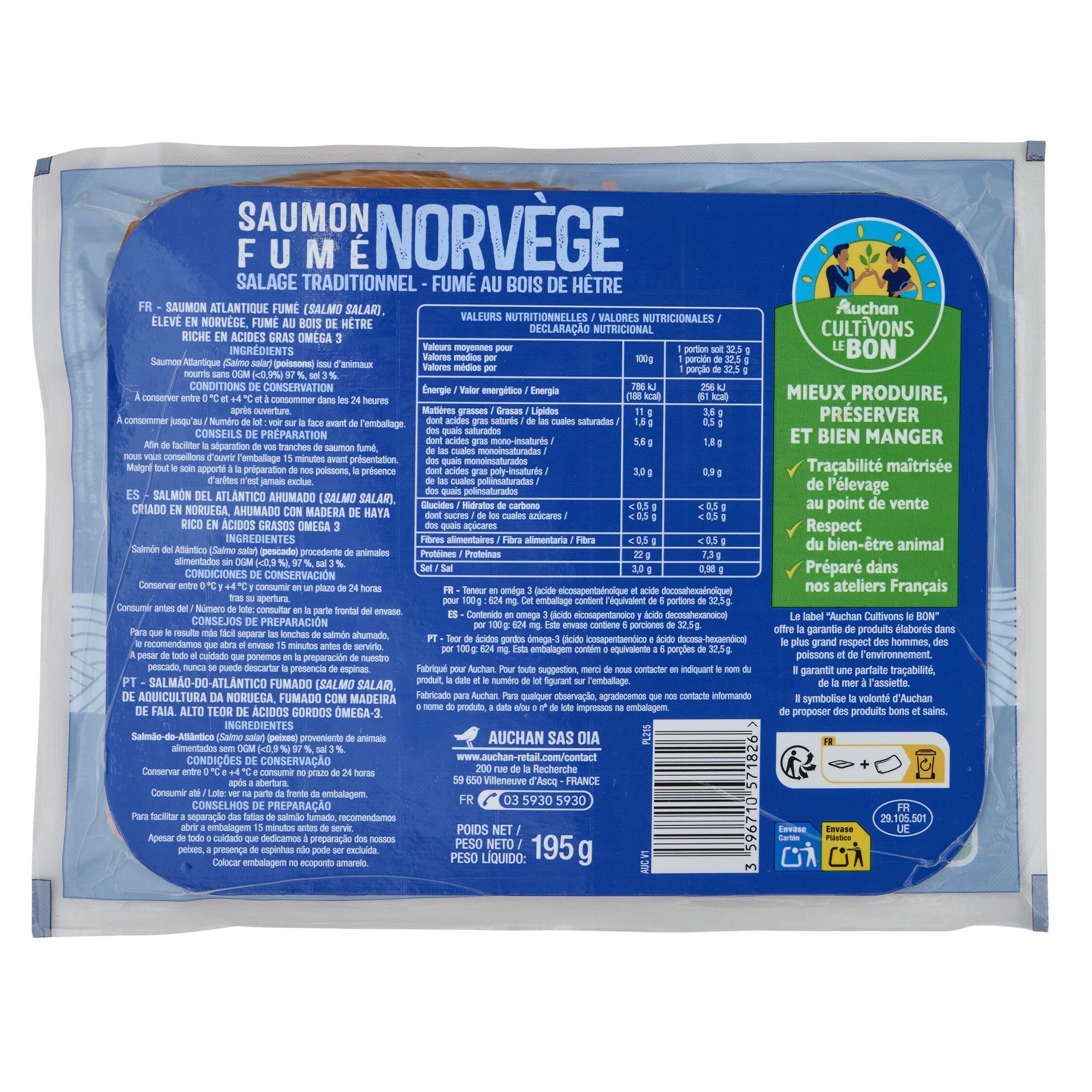 Voir la diapositive 2 : AUCHAN Saumon fumé de Norvège 6 tranches 195g