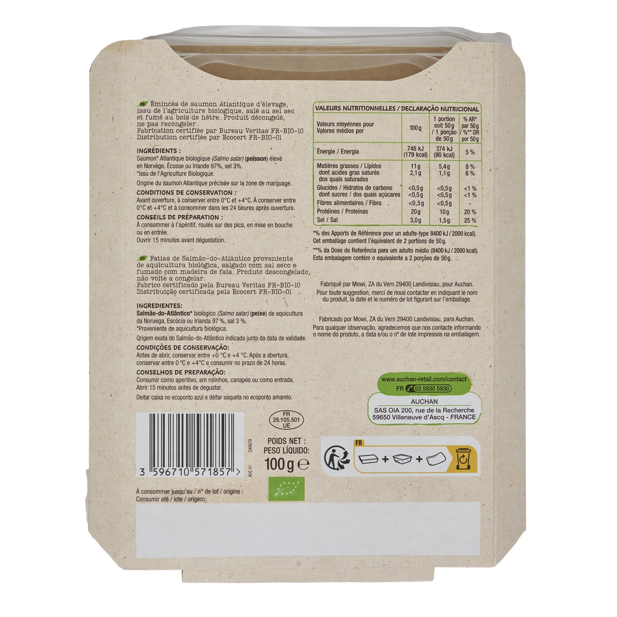 Voir la diapositive 2 : AUCHAN BIO Saumon fumé émincés 100g