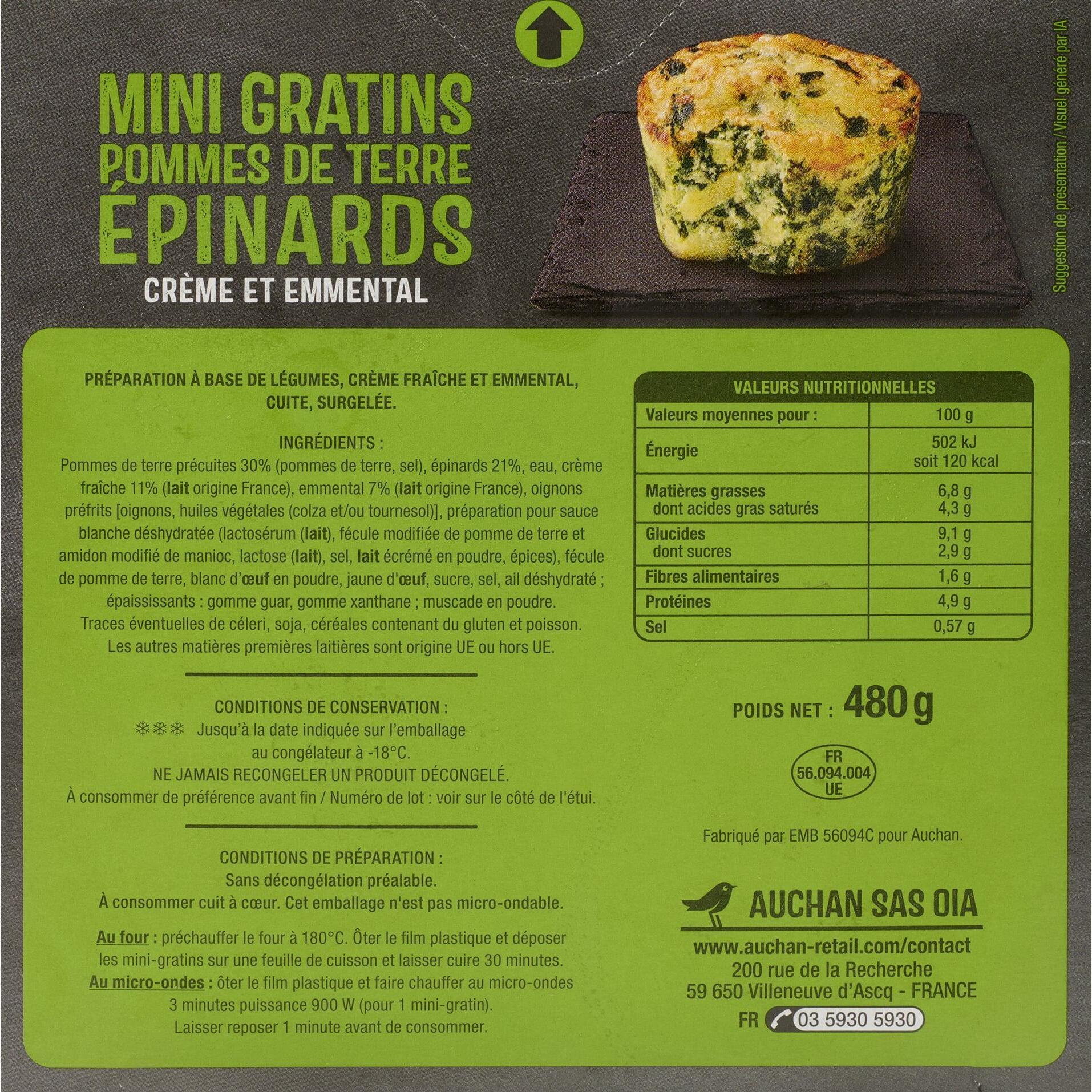 Voir la diapositive 3 : AUCHAN Mini gratins de pommes de terre épinards au four 480g