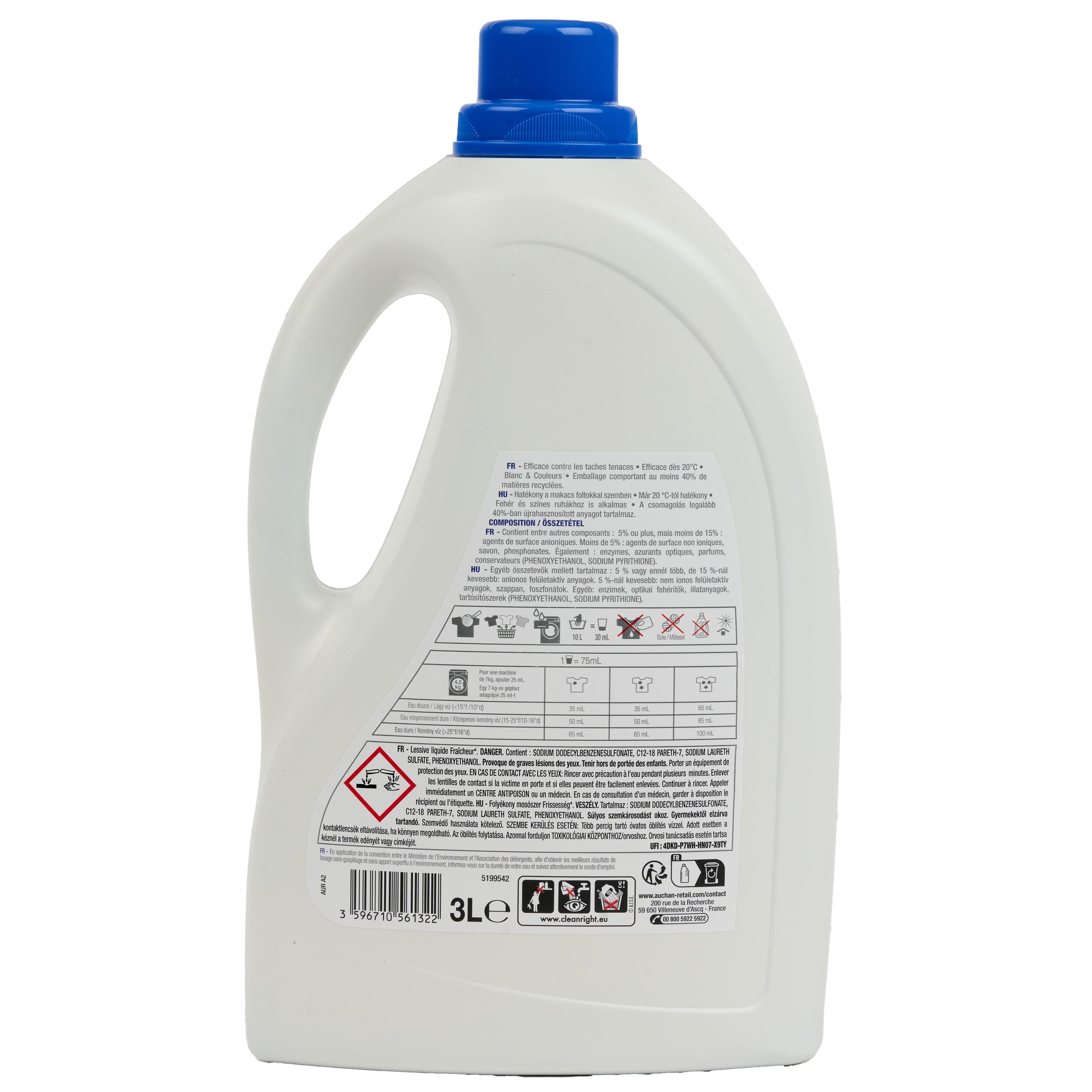 Voir la diapositive 2 : AUCHAN Lessive liquide fraîcheur bleu intense 60 lavages 3l