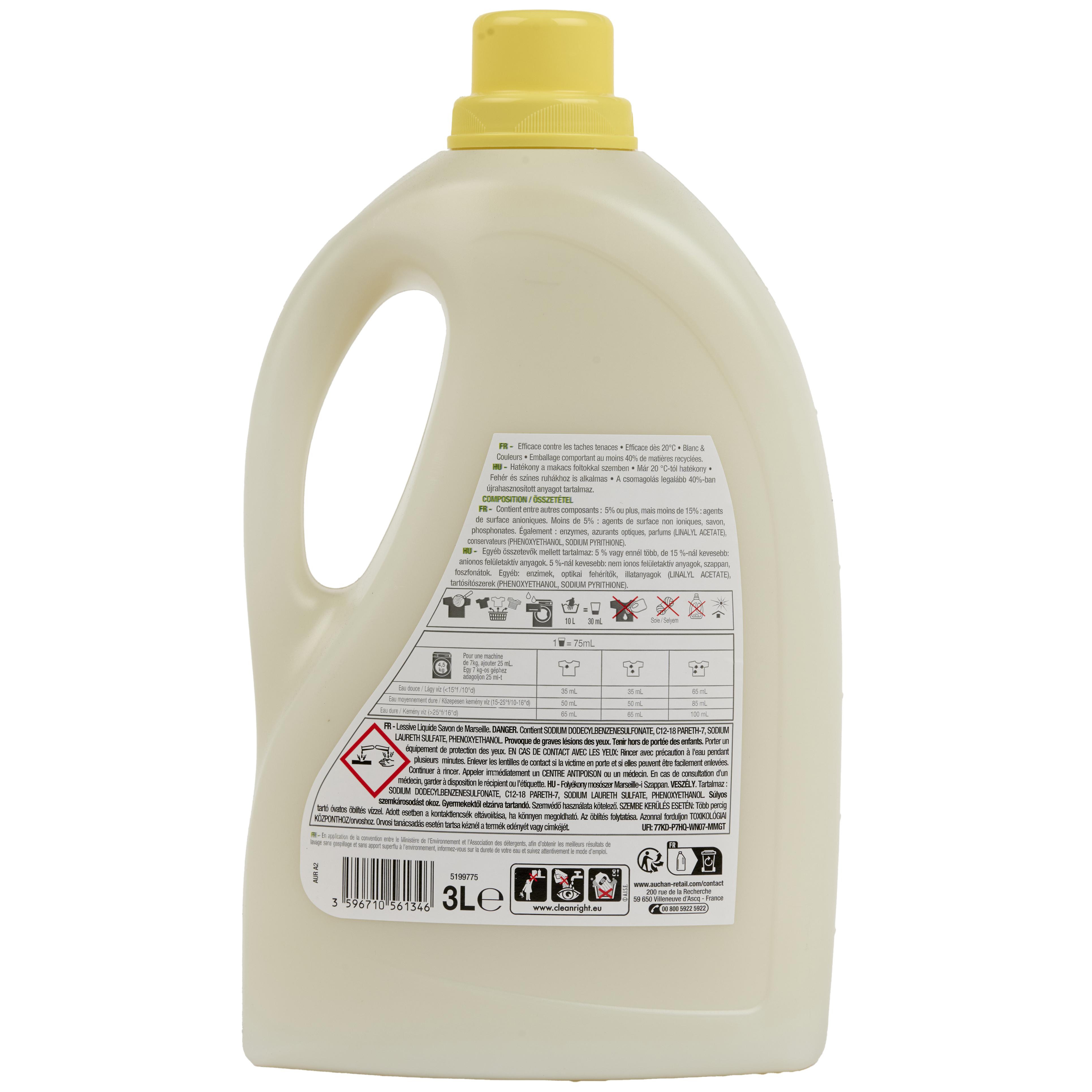 Voir la diapositive 2 : AUCHAN Lessive liquide savon de Marseille blanc et couleurs 60 lavages 3l