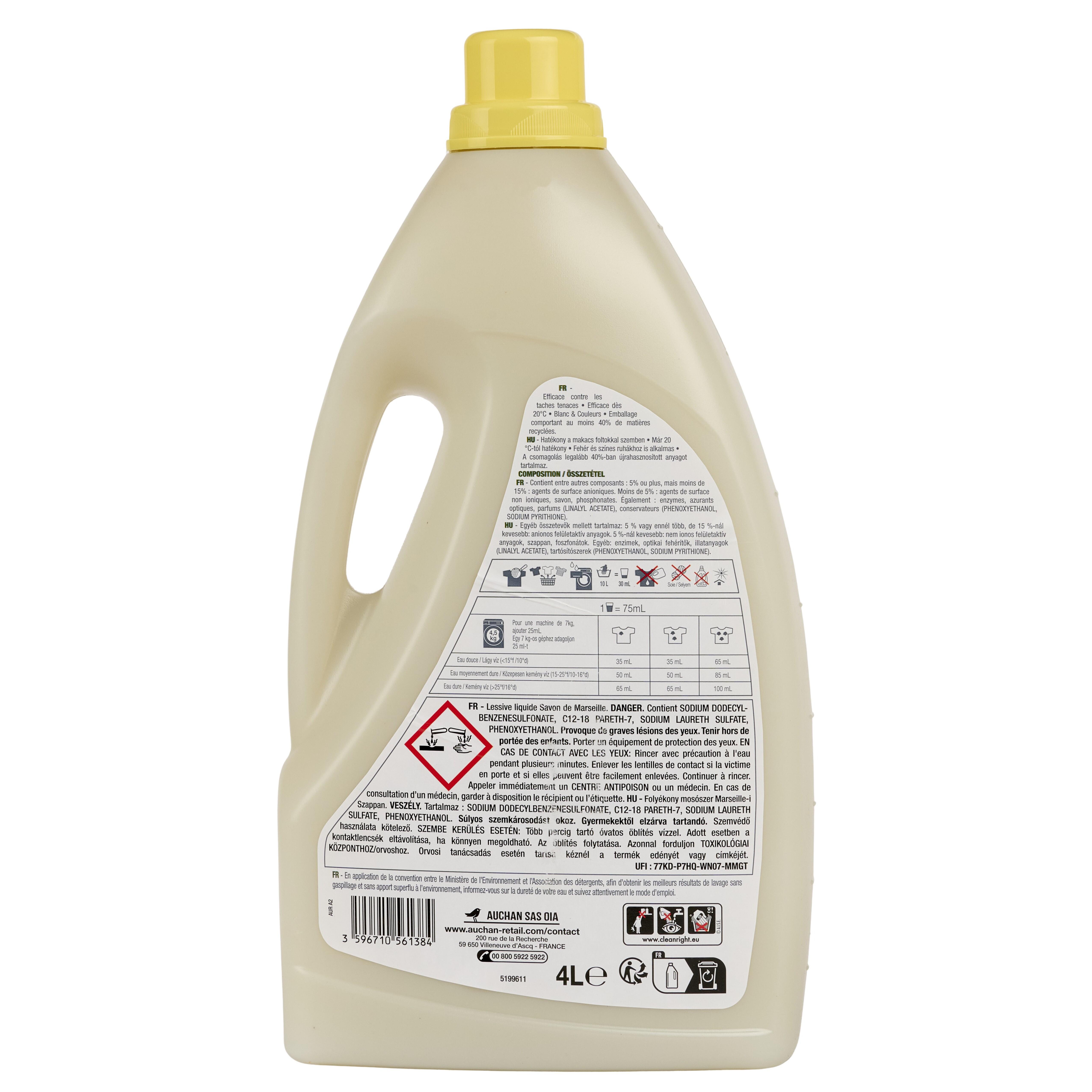 Voir la diapositive 2 : AUCHAN Lessive liquide savon de Marseille blanc et couleurs 80 lavages 4l 80 doses