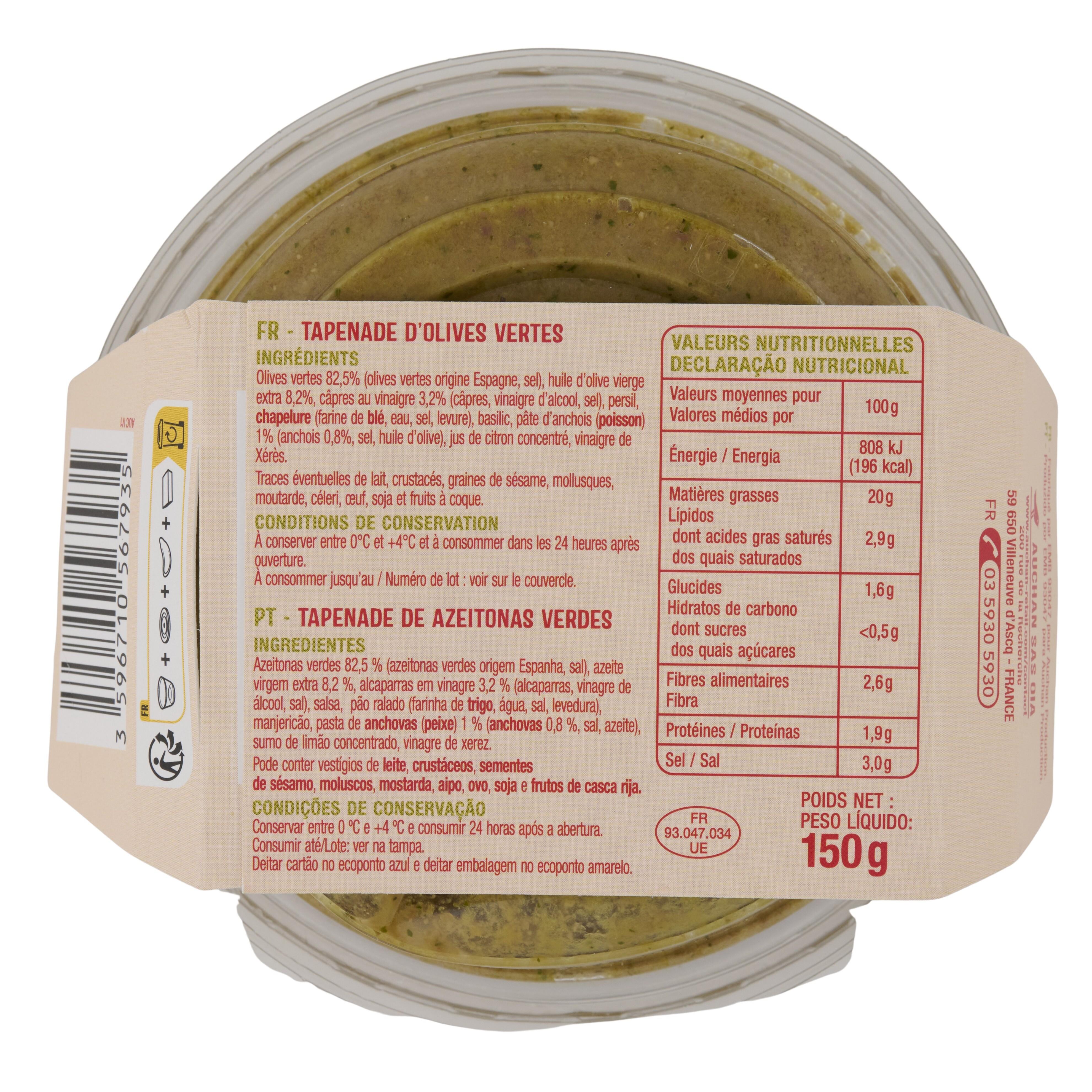Voir la diapositive 2 : AUCHAN Tapenade olives vertes 150g