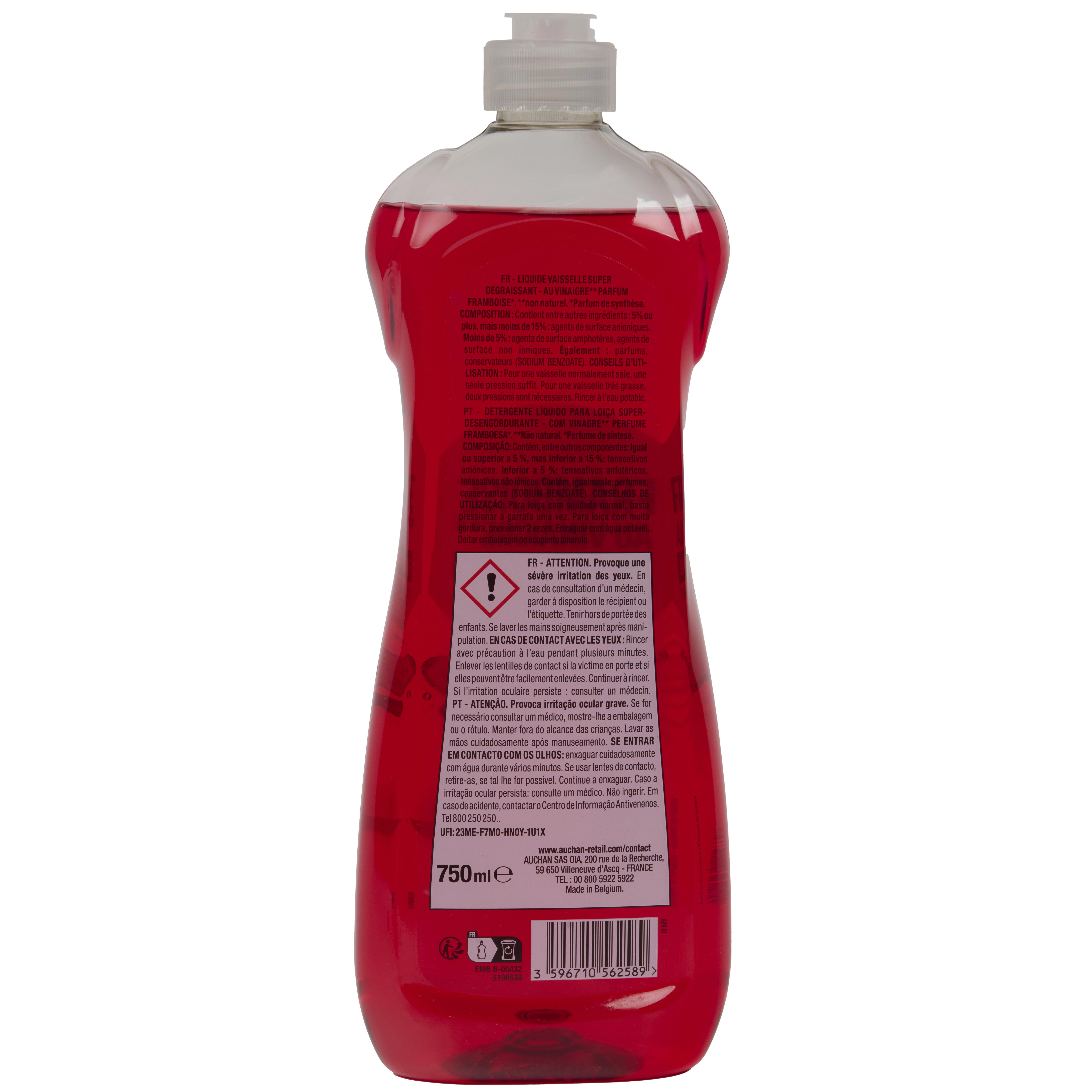 Voir la diapositive 2 : AUCHAN Liquide vaisselle flacon super dégraissant au vinaigre de framboise 750ml