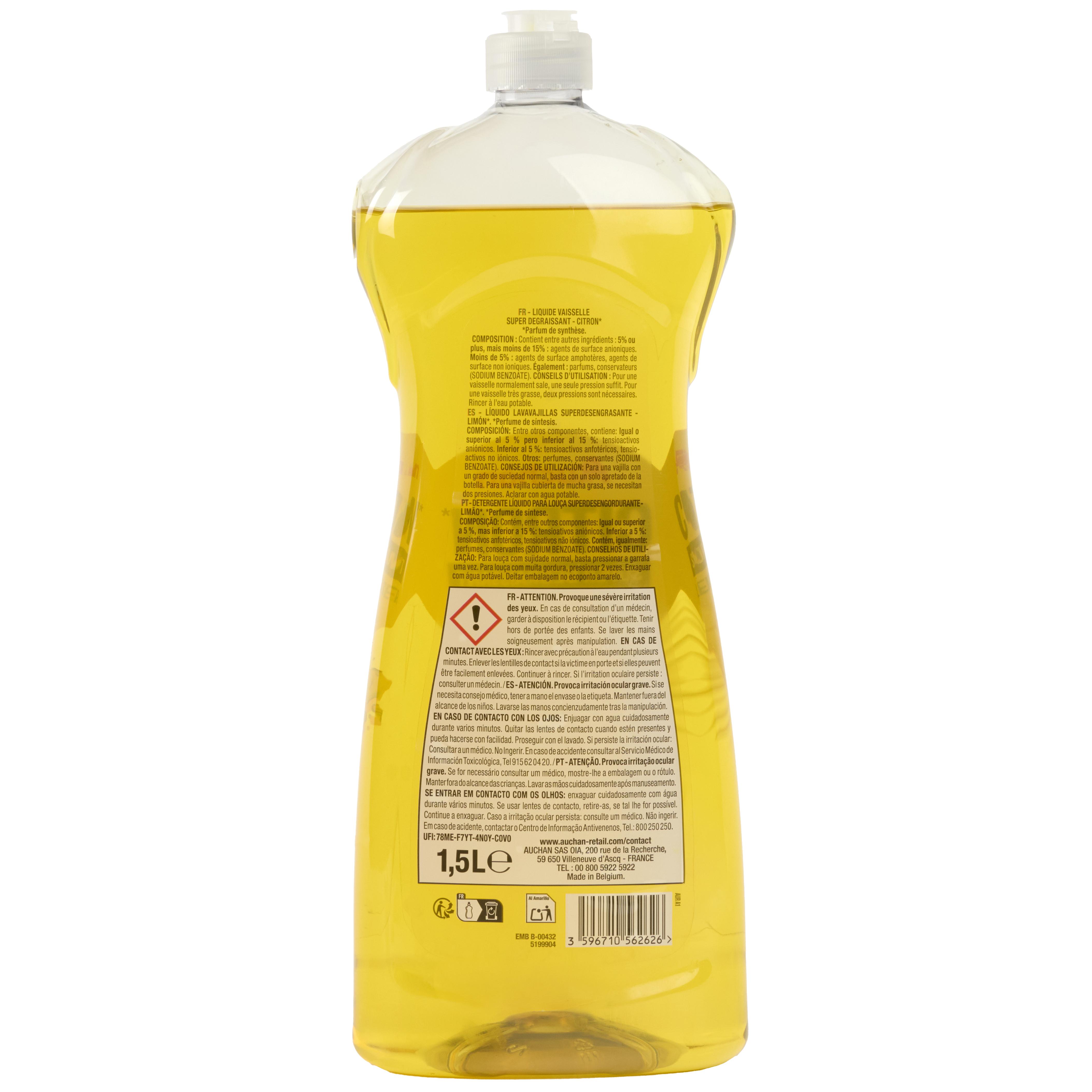 Voir la diapositive 2 : AUCHAN Liquide vaisselle super dégraissant citron 1,5l