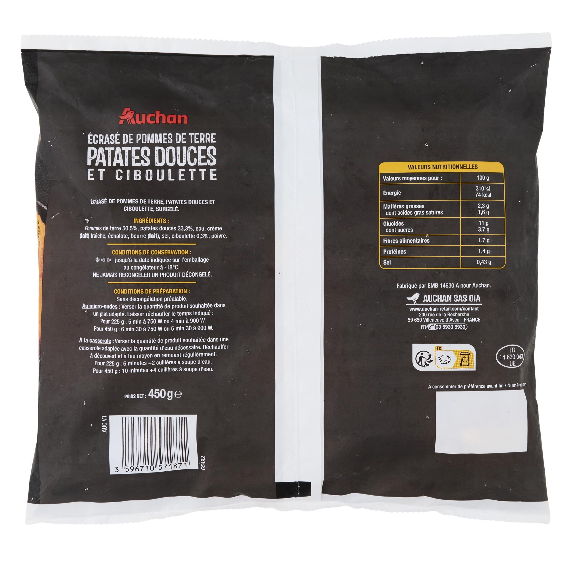Voir la diapositive 2 : AUCHAN Ecrasé de pommes de terre patate douce et ciboulette 450g
