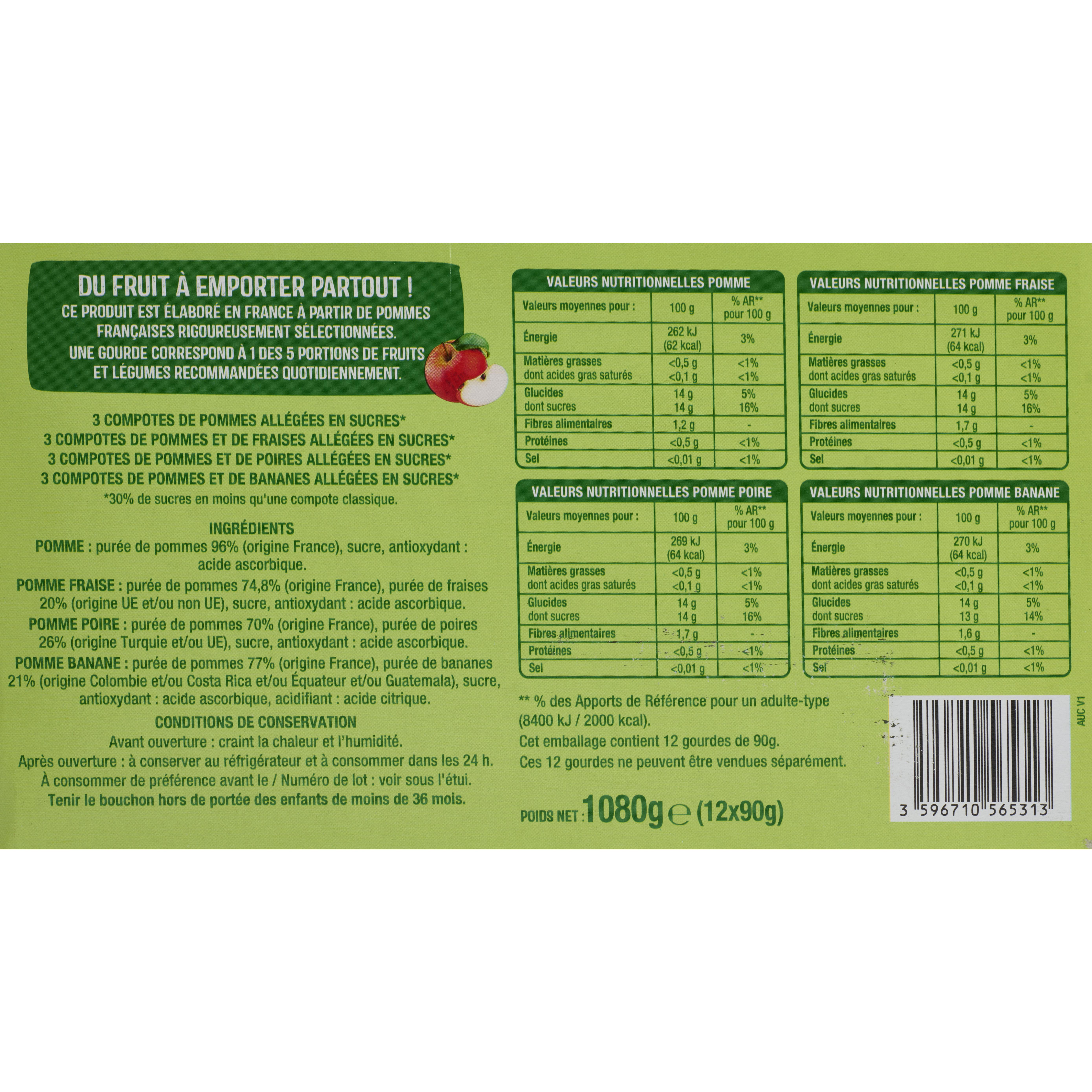 Voir la diapositive 2 : AUCHAN Gourdes multi-variétés allégée en sucres 12x90g
