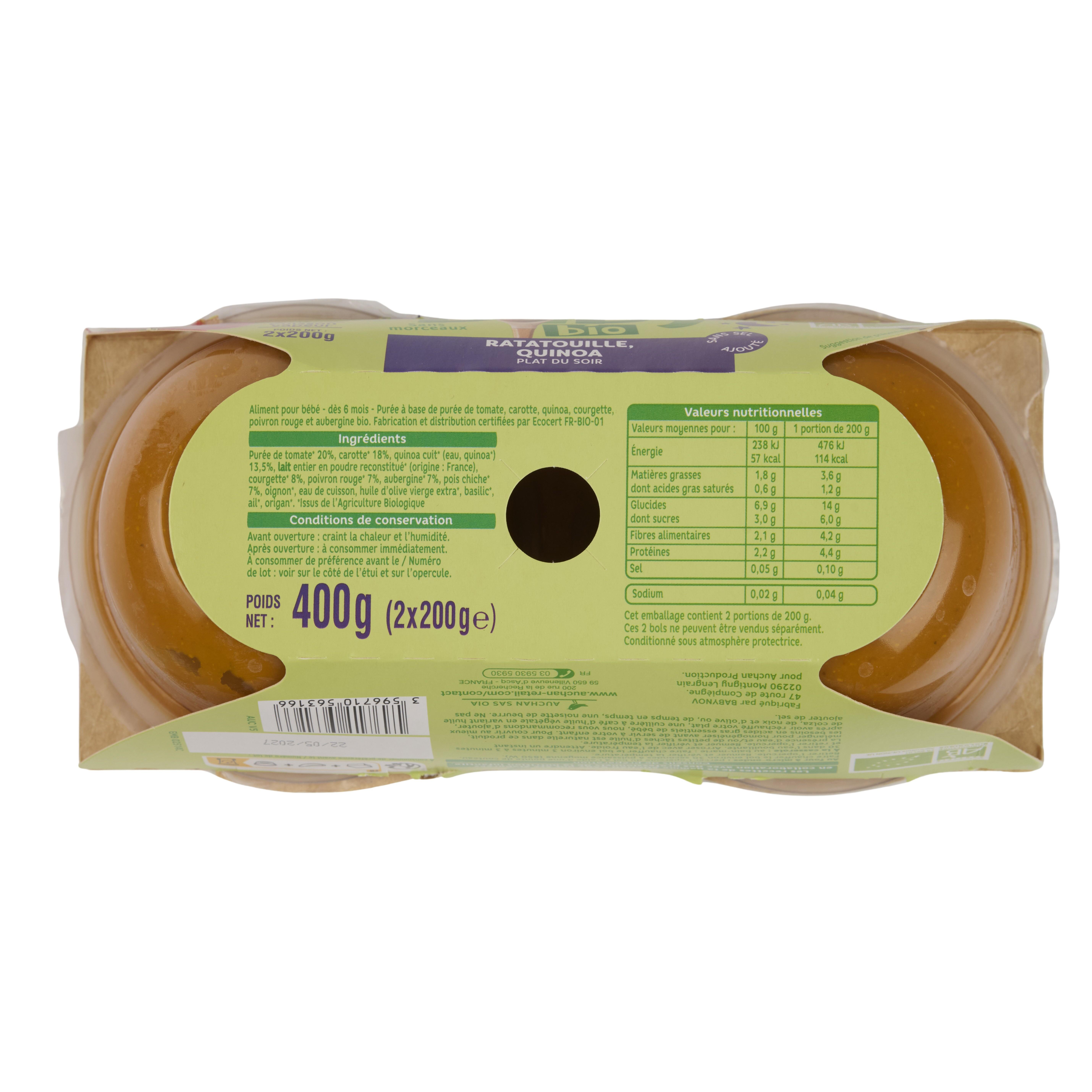 Voir la diapositive 3 : AUCHAN BABY BIO Plat du soir ratatouille quinoa dès 6 mois 2x200g