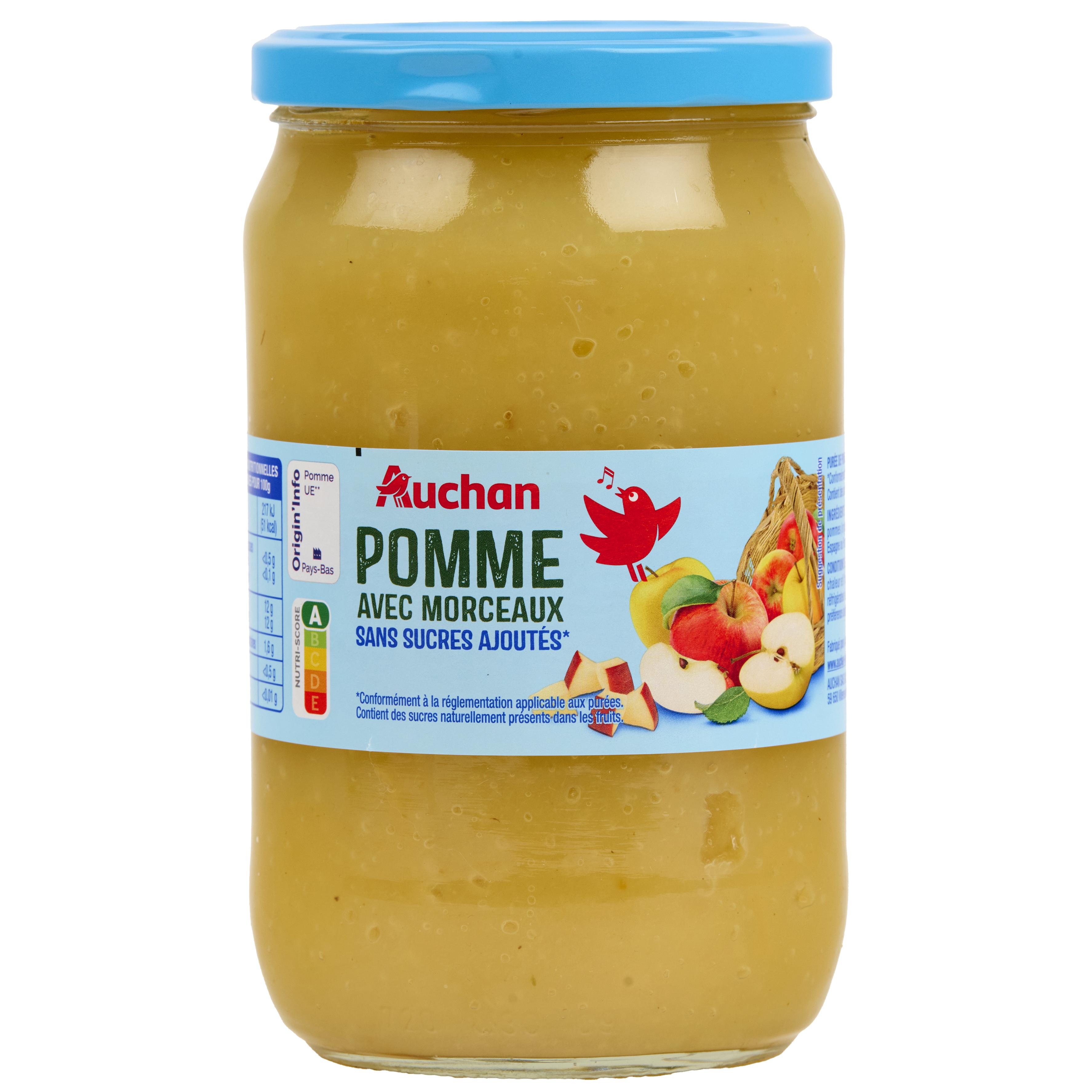 AUCHAN Purée de pomme avec morceaux sans sucres ajoutés en bocal 720g