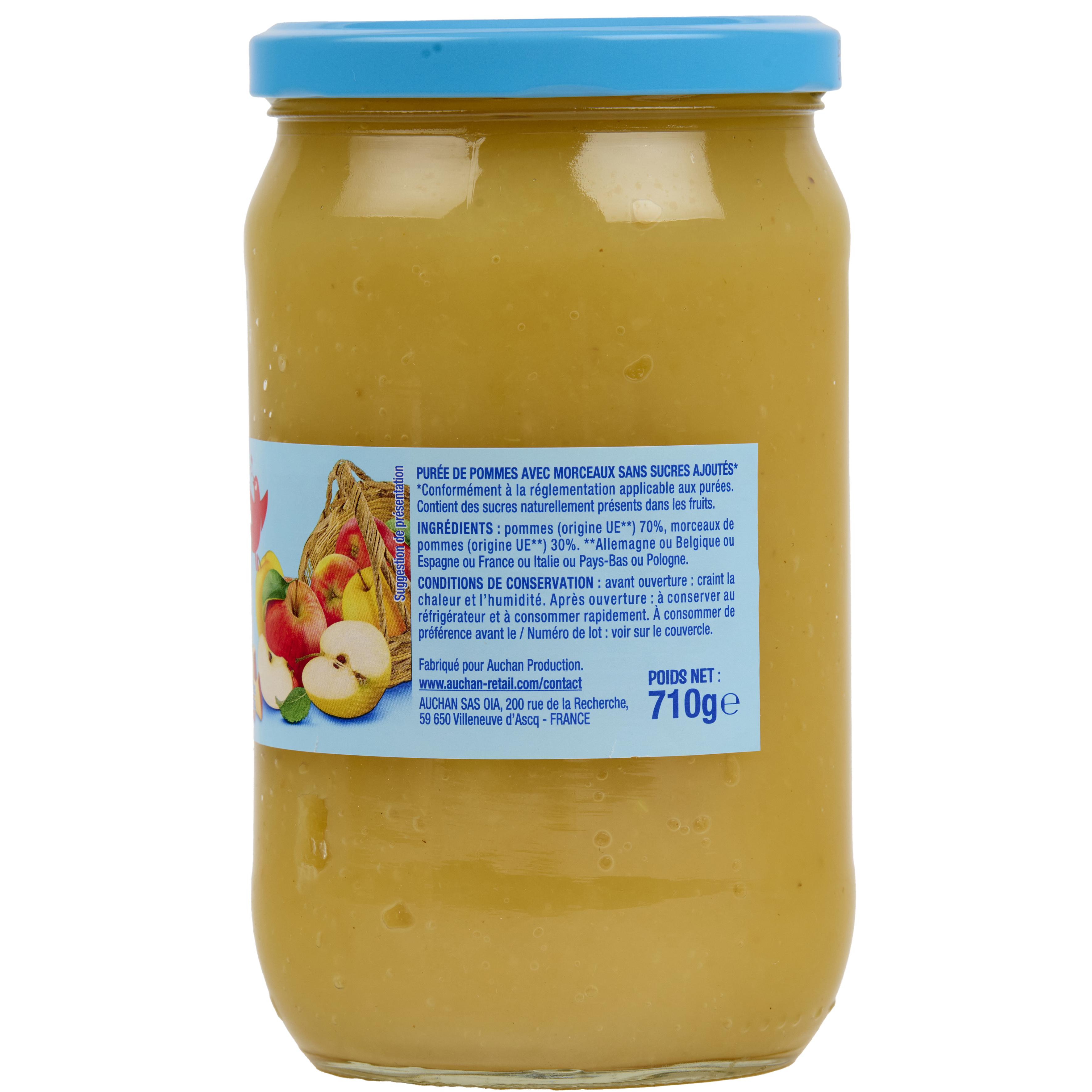 Voir la diapositive 2 : AUCHAN Purée de pomme avec morceaux sans sucres ajoutés en bocal 720g